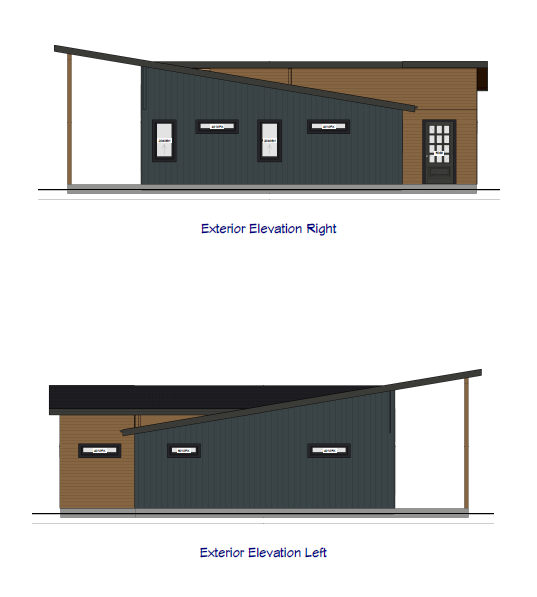 Architectural drawing showing the right and left exterior elevations of a modern house with a sloped roof, dark gray and brown siding, and black-framed windows and door.