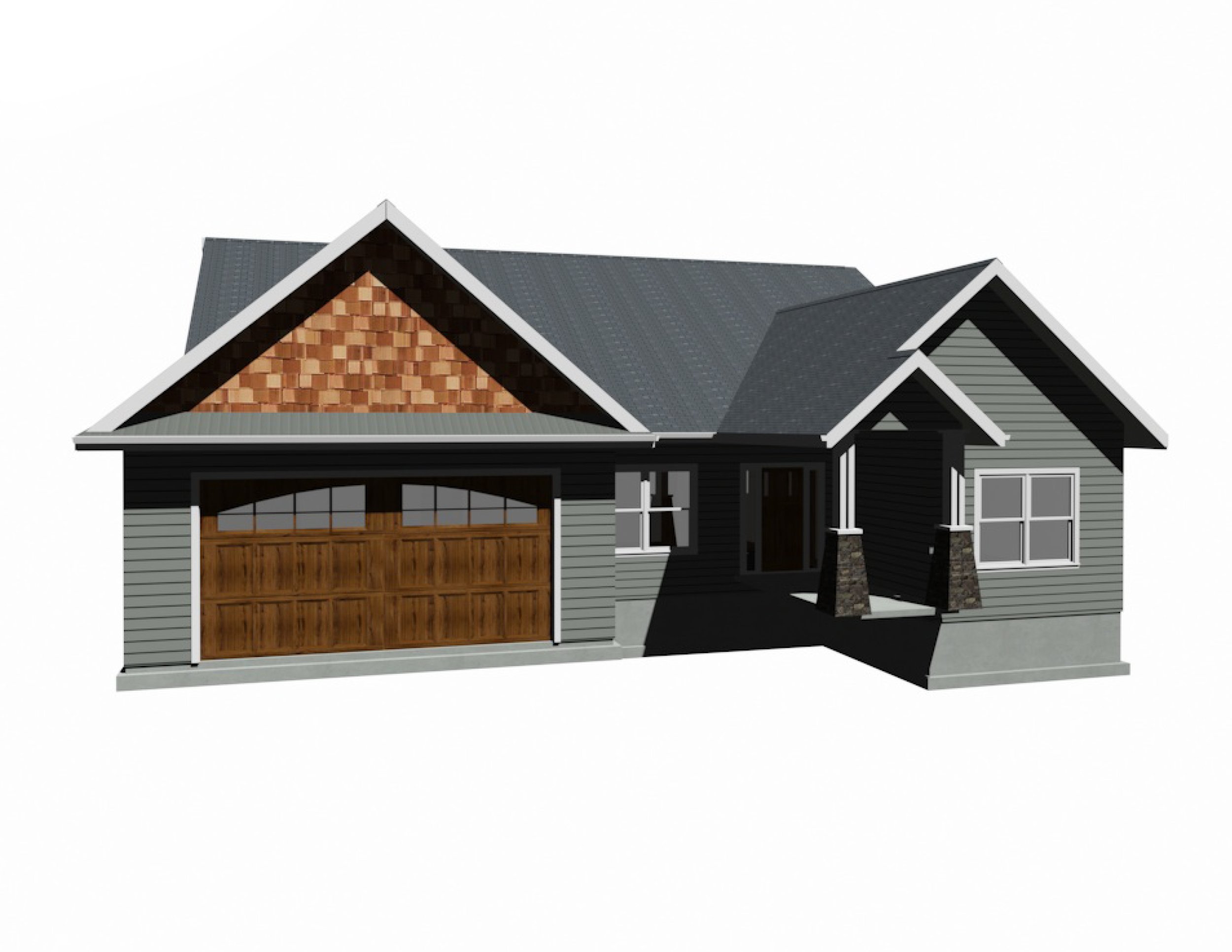 A modern house with gray and black siding, a wooden garage door, and a gabled roof with dark shingles.