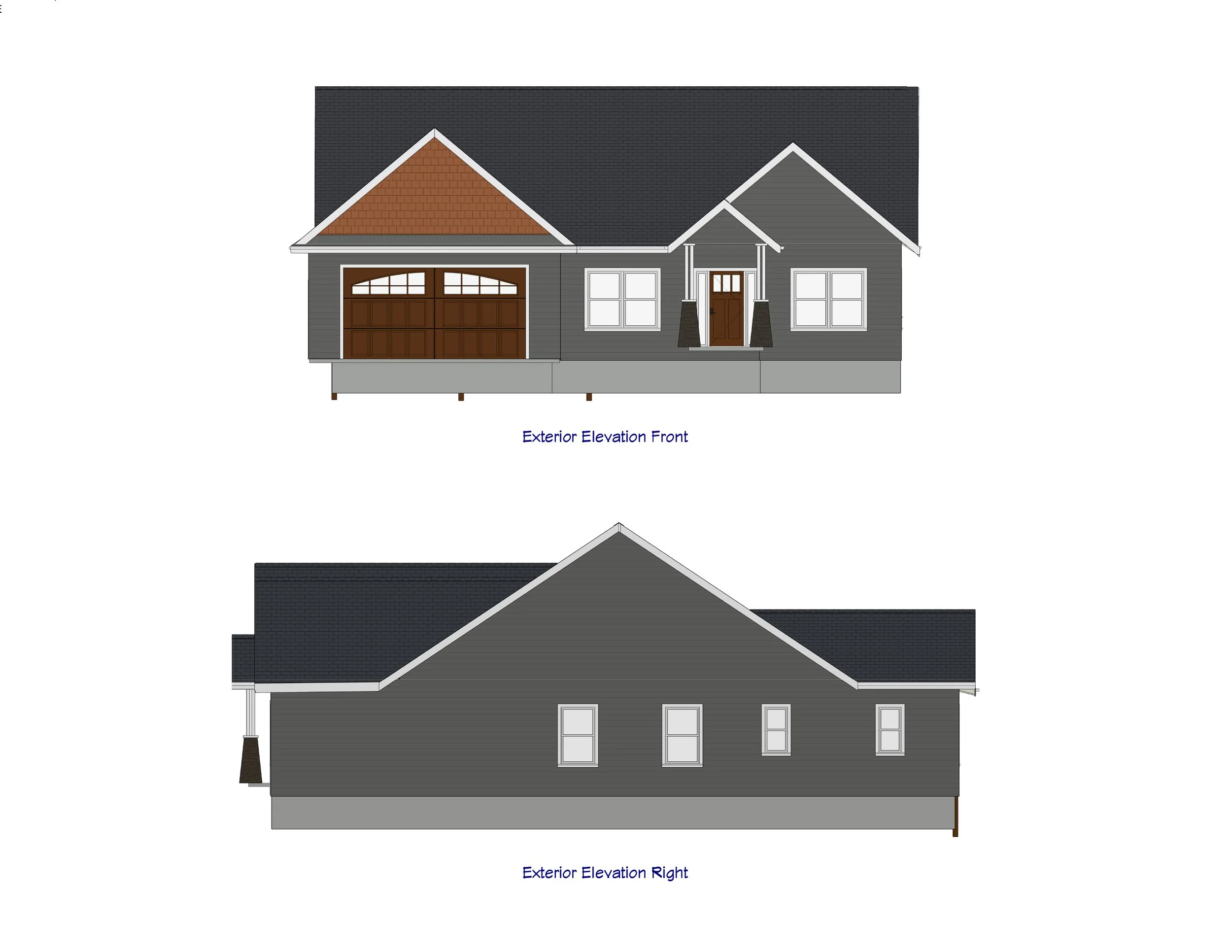 Architectural drawing of a house, showing front and side elevations with a gable roof, gray siding, white trim, brown garage door, and front door with columns.