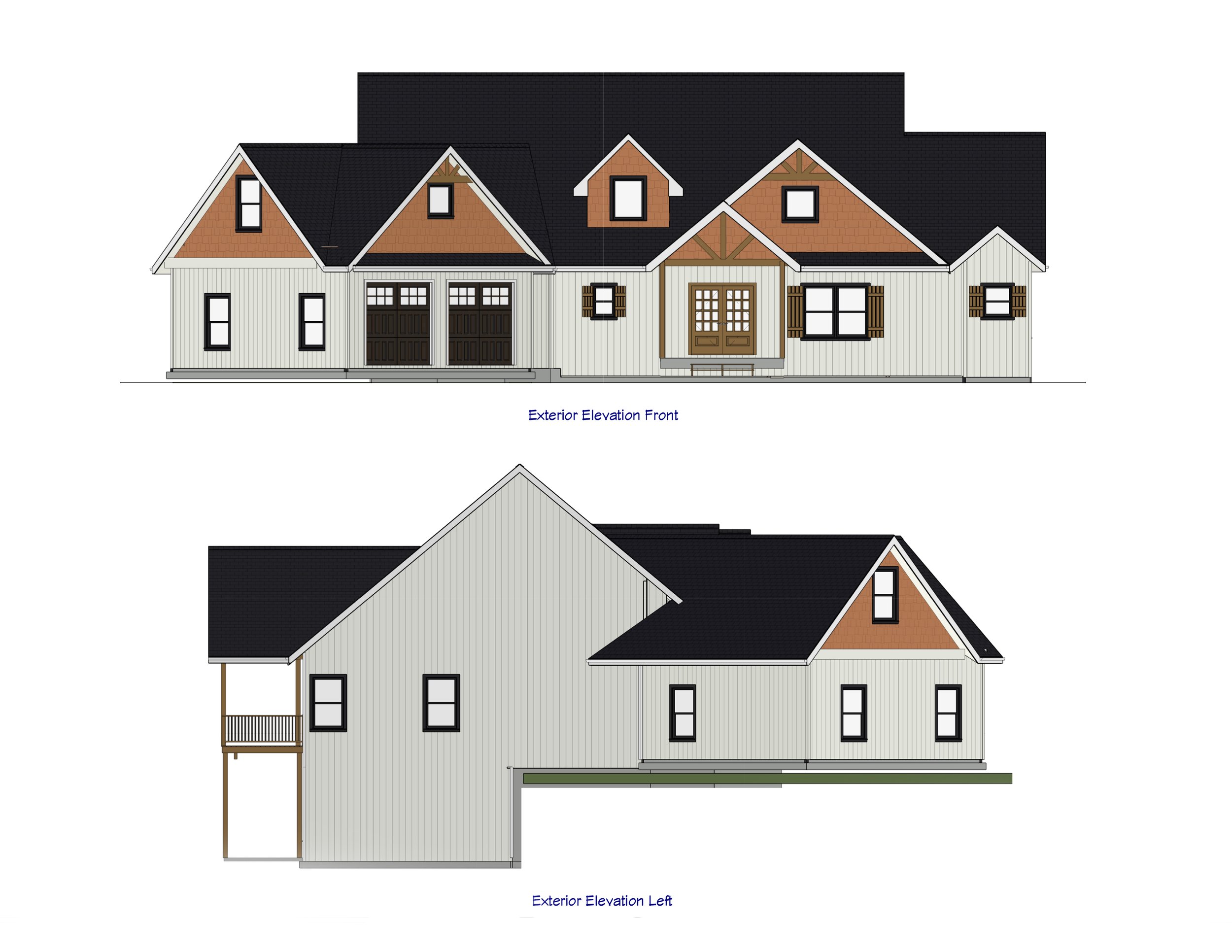 Architectural illustration of a house with front and left exterior elevations, featuring a gable roof, brick and siding exterior, windows with shutters, and a front porch with stairs.