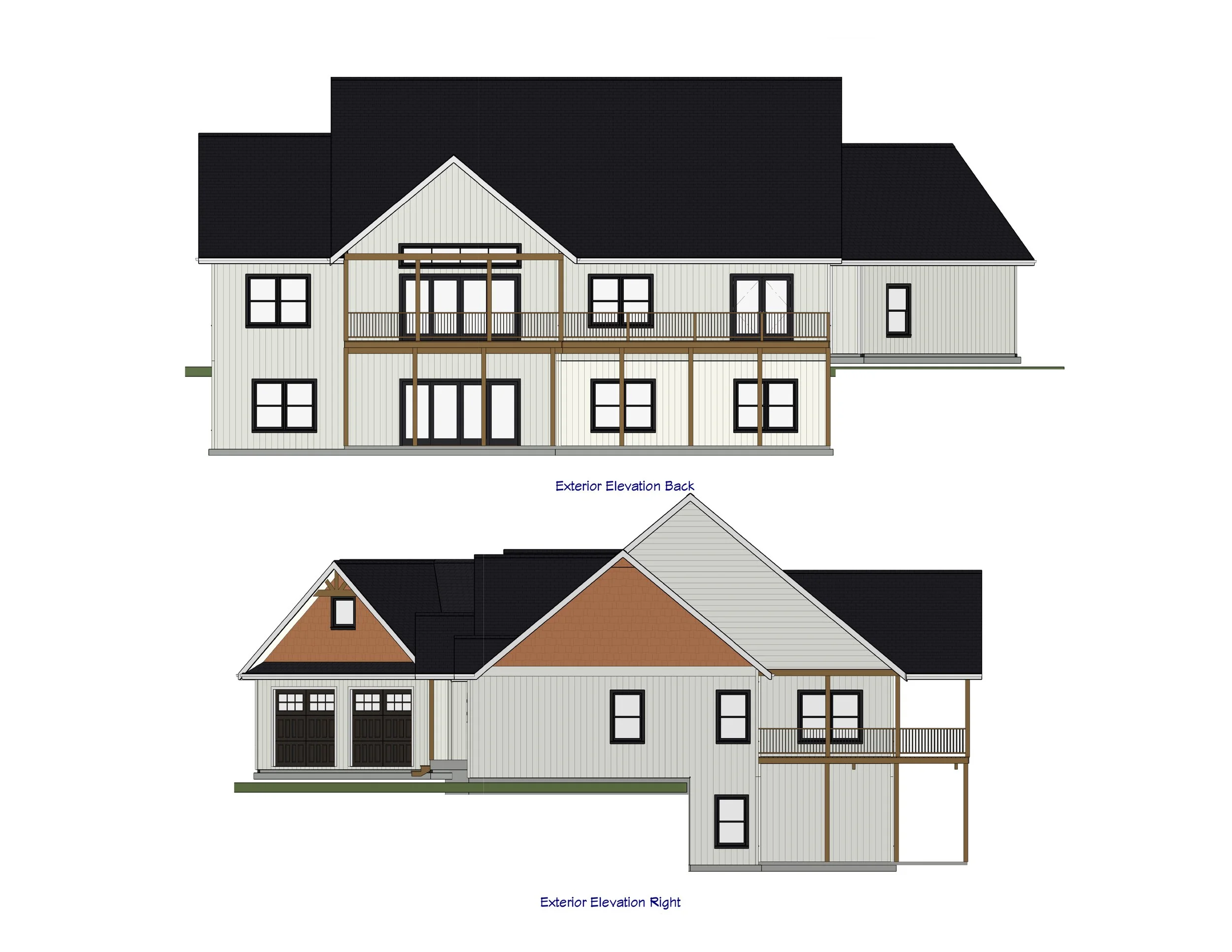 Architectural drawings of a two-story house showing the back and right side elevations, including multiple windows, a sliding glass door, a deck, a garage, and various roofing details.