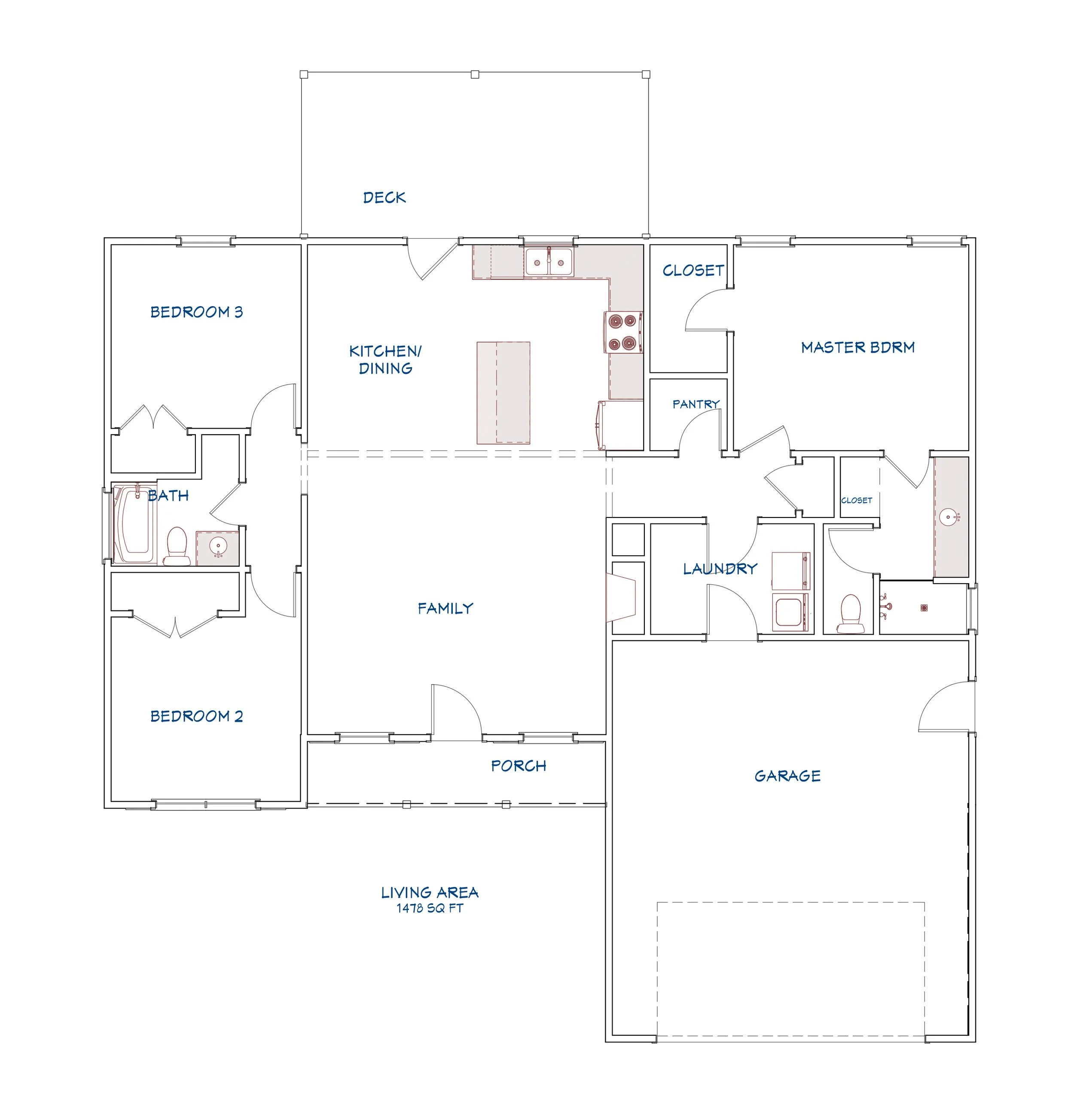 Floor plan of a house showing three bedrooms, a bathroom, kitchen and dining area, family room, porch, garage, laundry room, and deck.