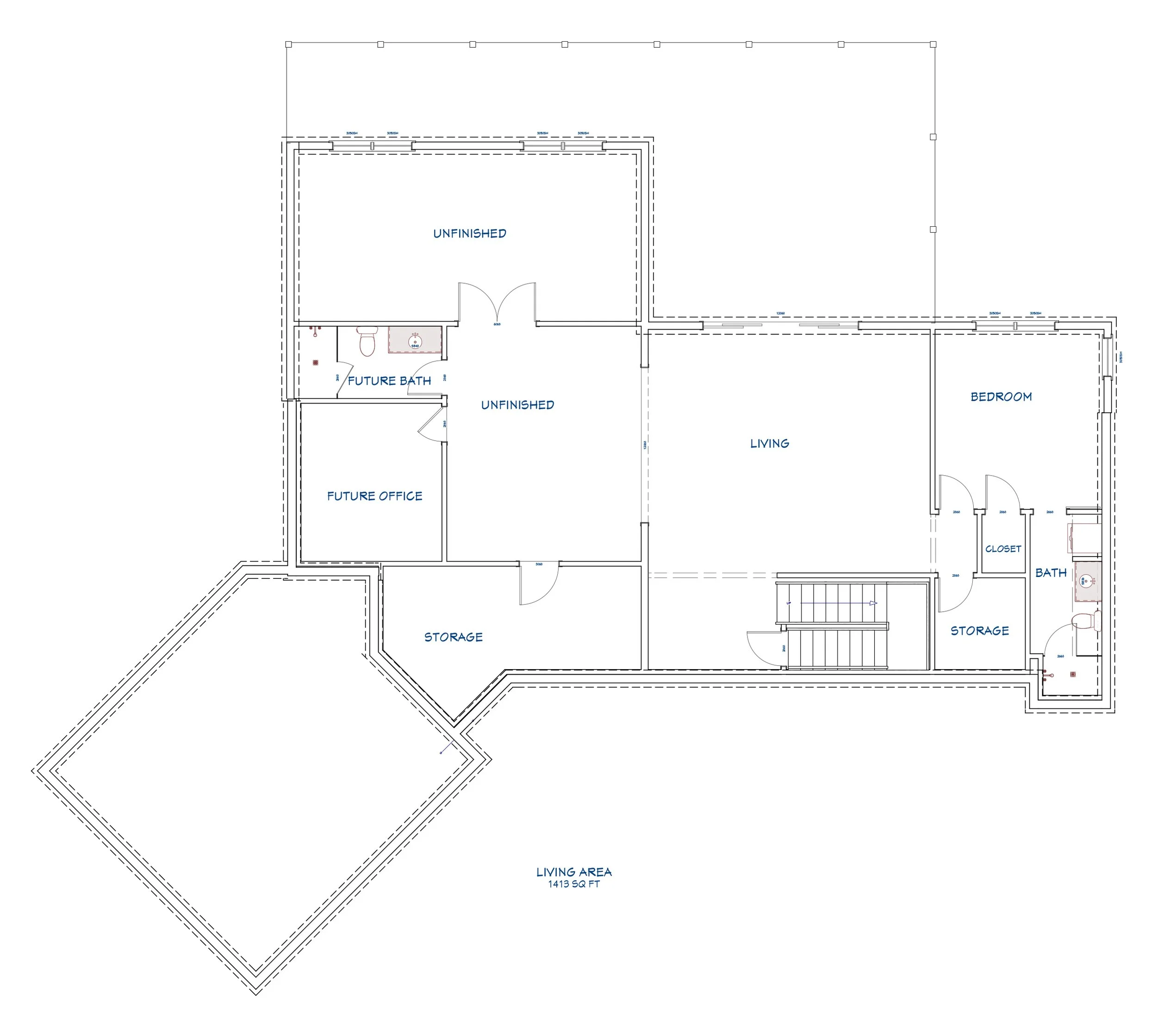 Floor plan of a residential house showing rooms labeled as living, bedroom, storage, closet, bathrooms, unfinished areas, and designated future spaces for bath, office, and other rooms.
