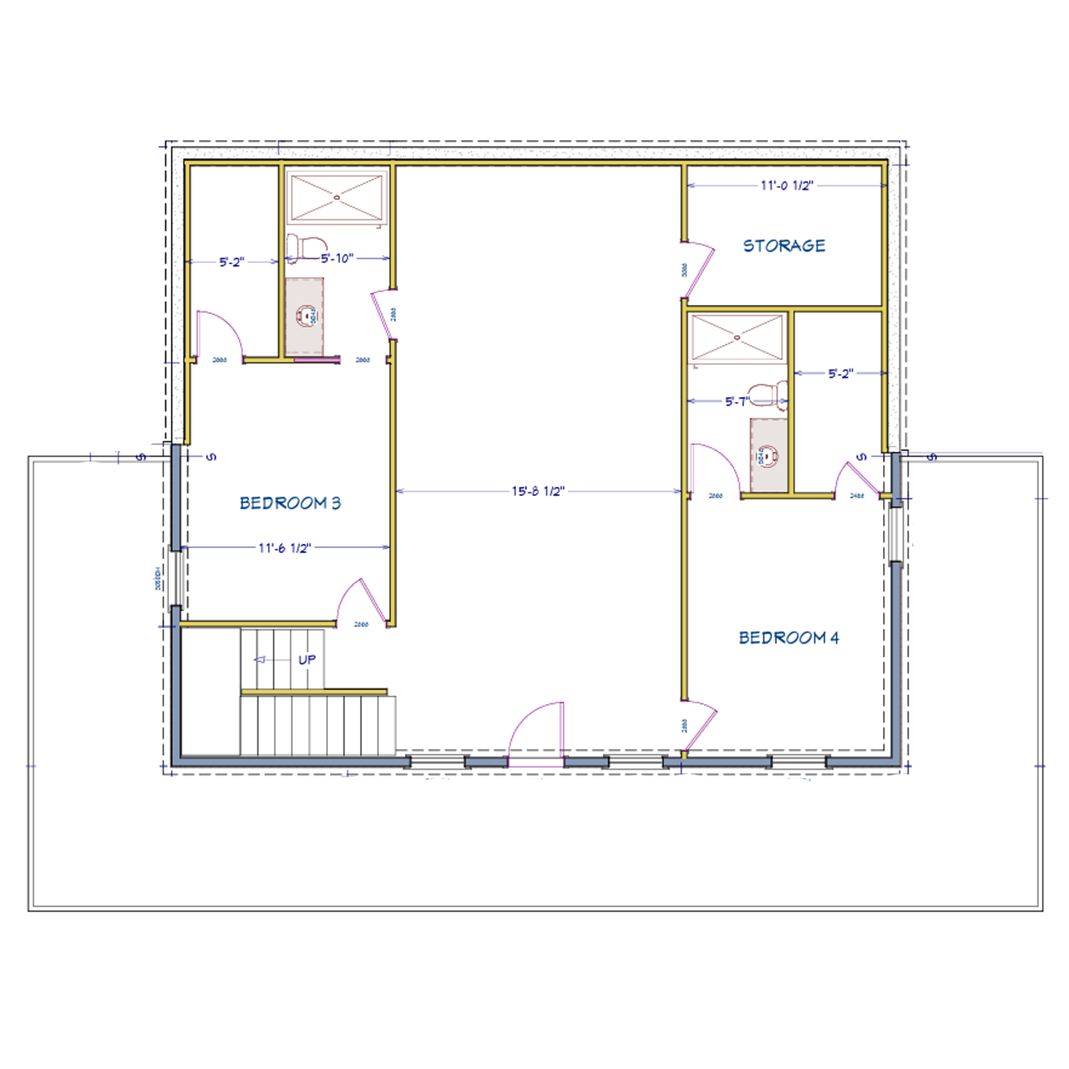 Floor plan showing two bedrooms labeled Bedroom 3 and Bedroom 4, two bathrooms, storage area, and a large central space measuring 15 feet 8 1/2 inches wide. Bedrooms have doors leading to small bathrooms, and stairs labeled UP are at bottom left.
