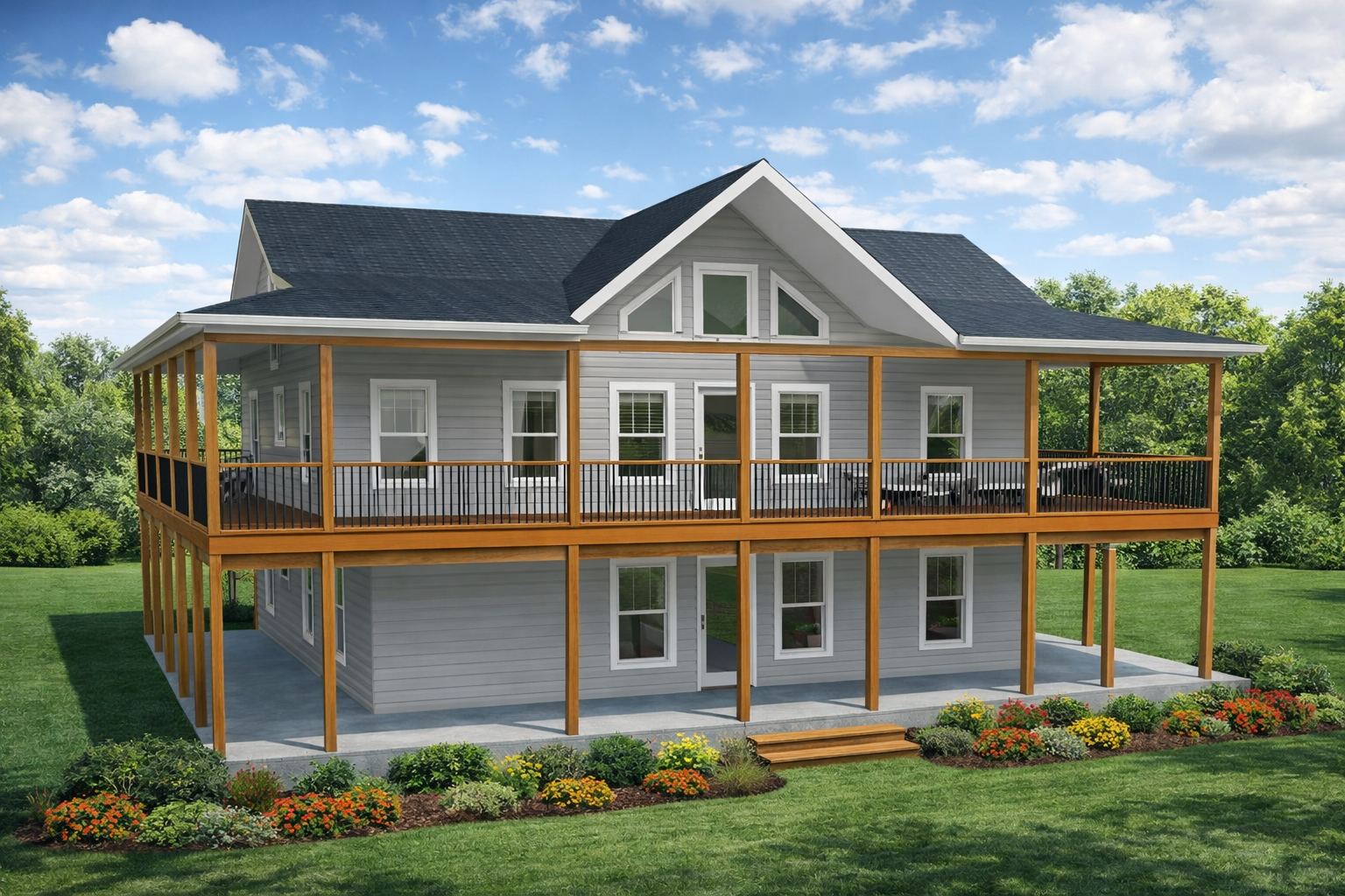 A two-story house with gray siding, large windows, and a spacious wooden deck with black railing on the second floor, set against a backdrop of green trees and a blue sky with white clouds.