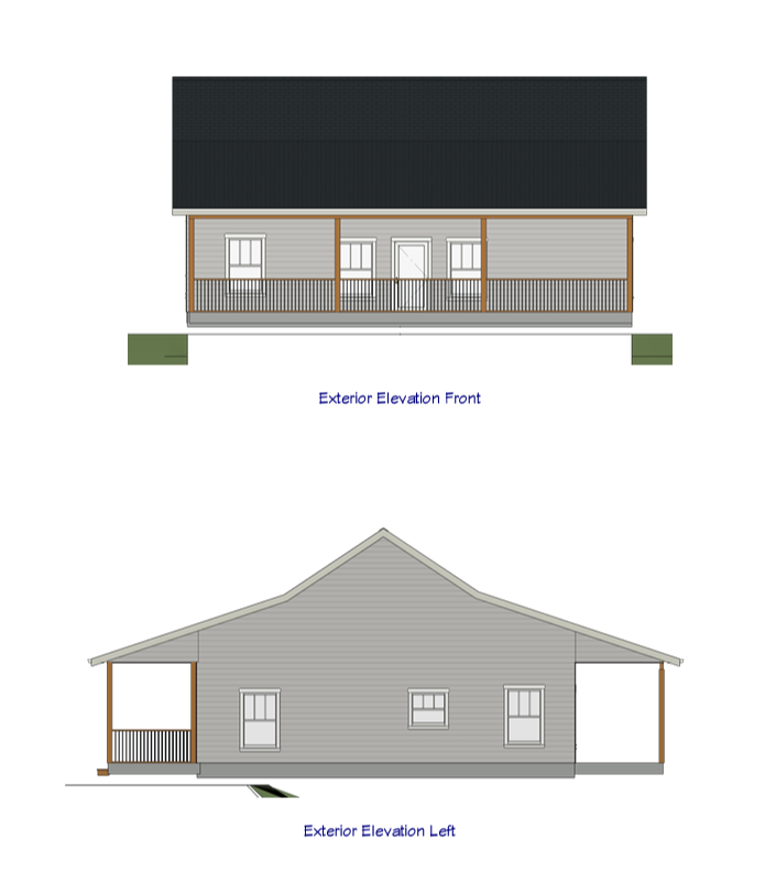 Front and left exterior elevation views of a house with gray siding, a dark roof, front porch with railing, and small windows.