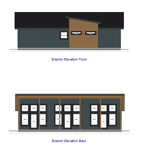 Architectural drawings of a modern building showing front and back exterior elevations, with multiple windows and a sloped roof.