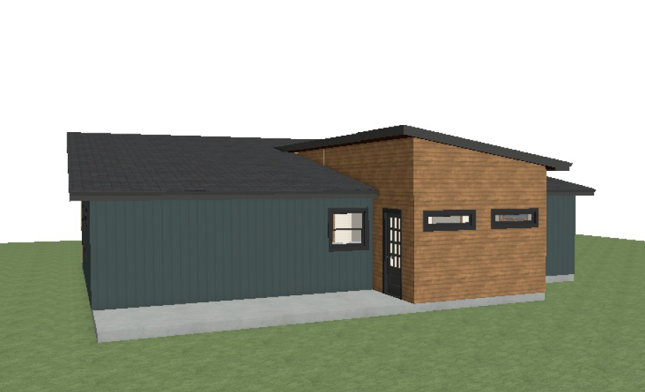 A modern two-story house with a combination of teal siding and brown brick exterior, multiple small windows, and a black door, situated on a grassy lot.