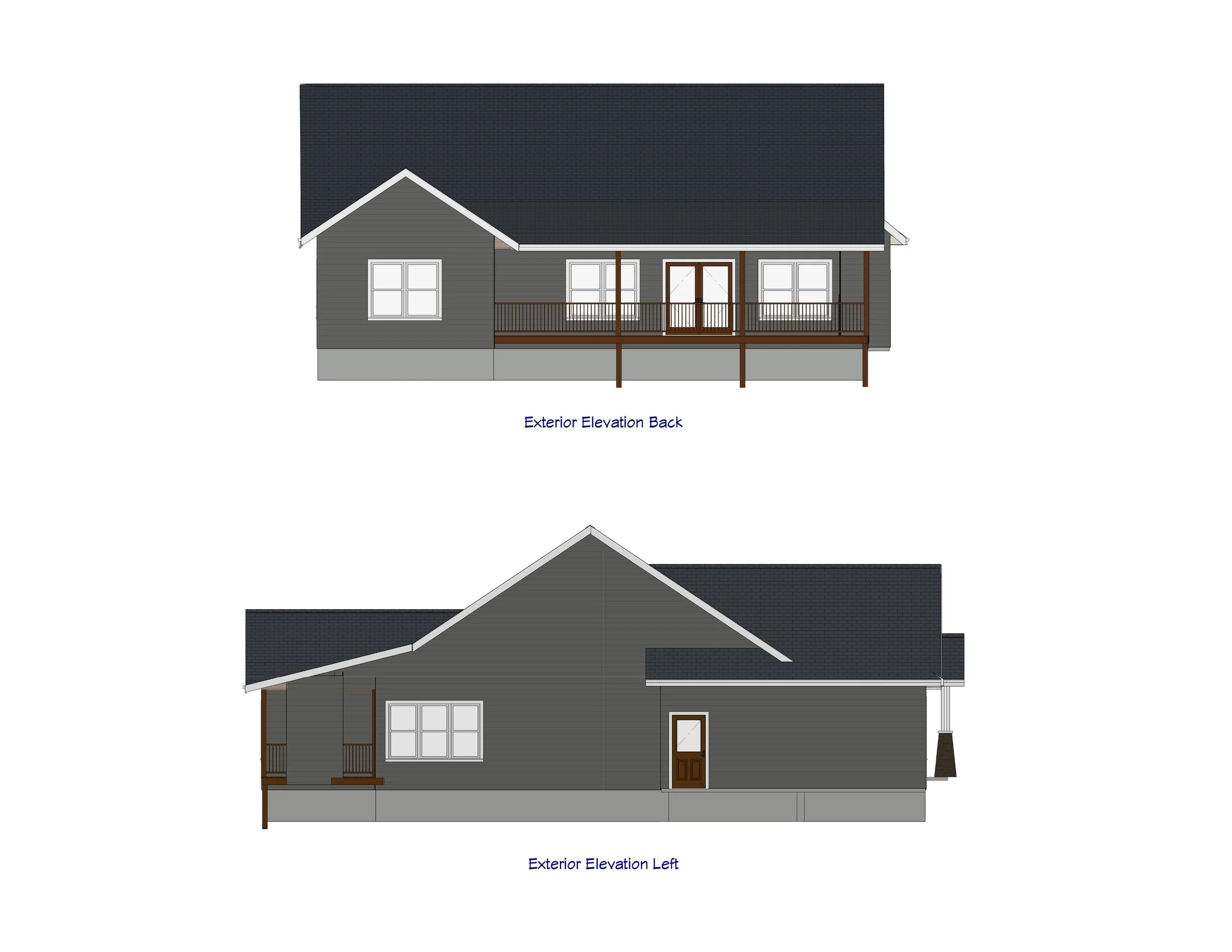 Two architectural elevation drawings of a house, showing the back and left sides. The house has gray siding, a dark shingled roof, and a wooden deck with railings on the back side, and a front door on the left side.