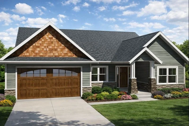 A suburban house with a gray exterior, wooden garage door, front porch, and a landscaped yard under a partly cloudy sky.