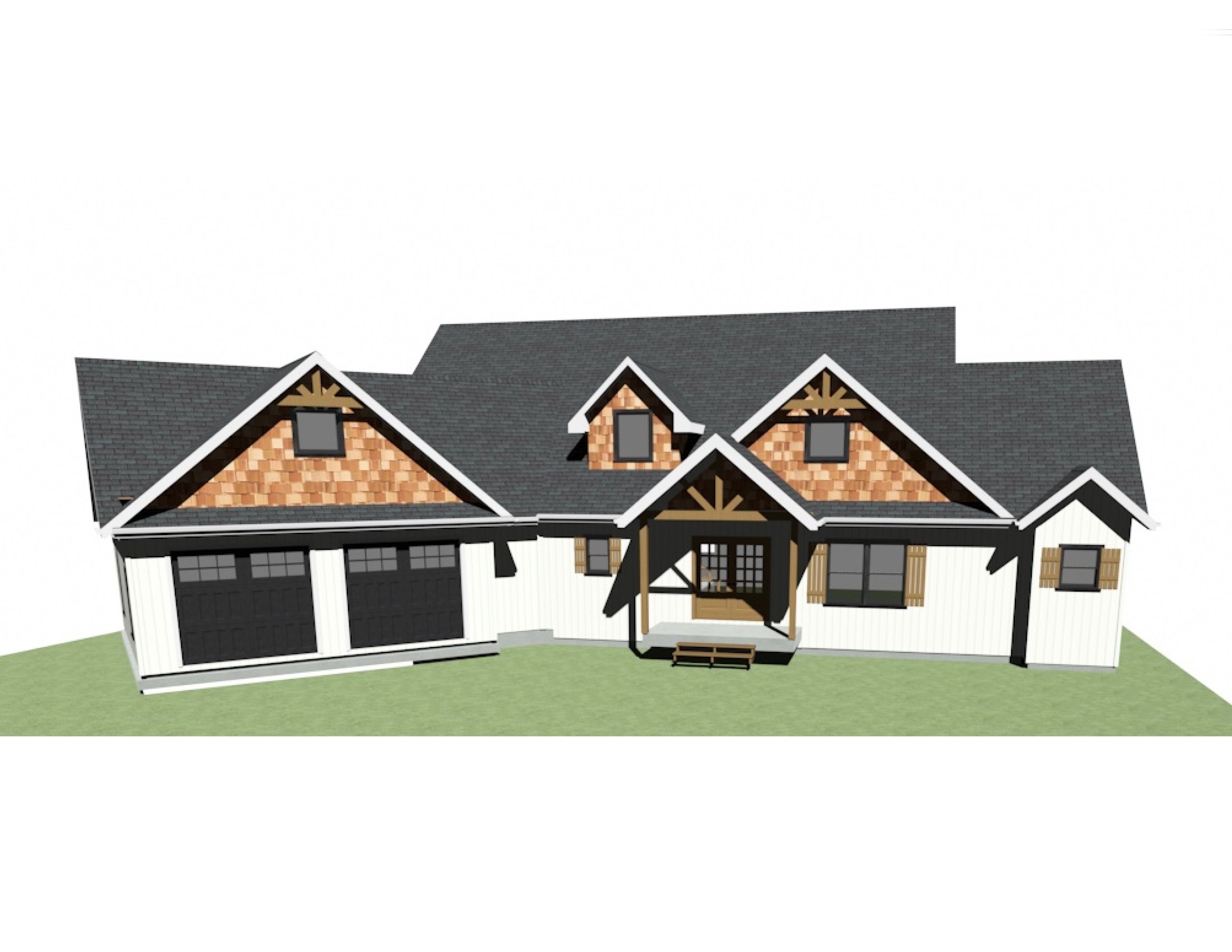 A 3D digital rendering of a house with a dark gray roof, white exterior walls with black accents, and wooden shutter details. The house features multiple gables and a front porch. The grass lawn surrounds the house.