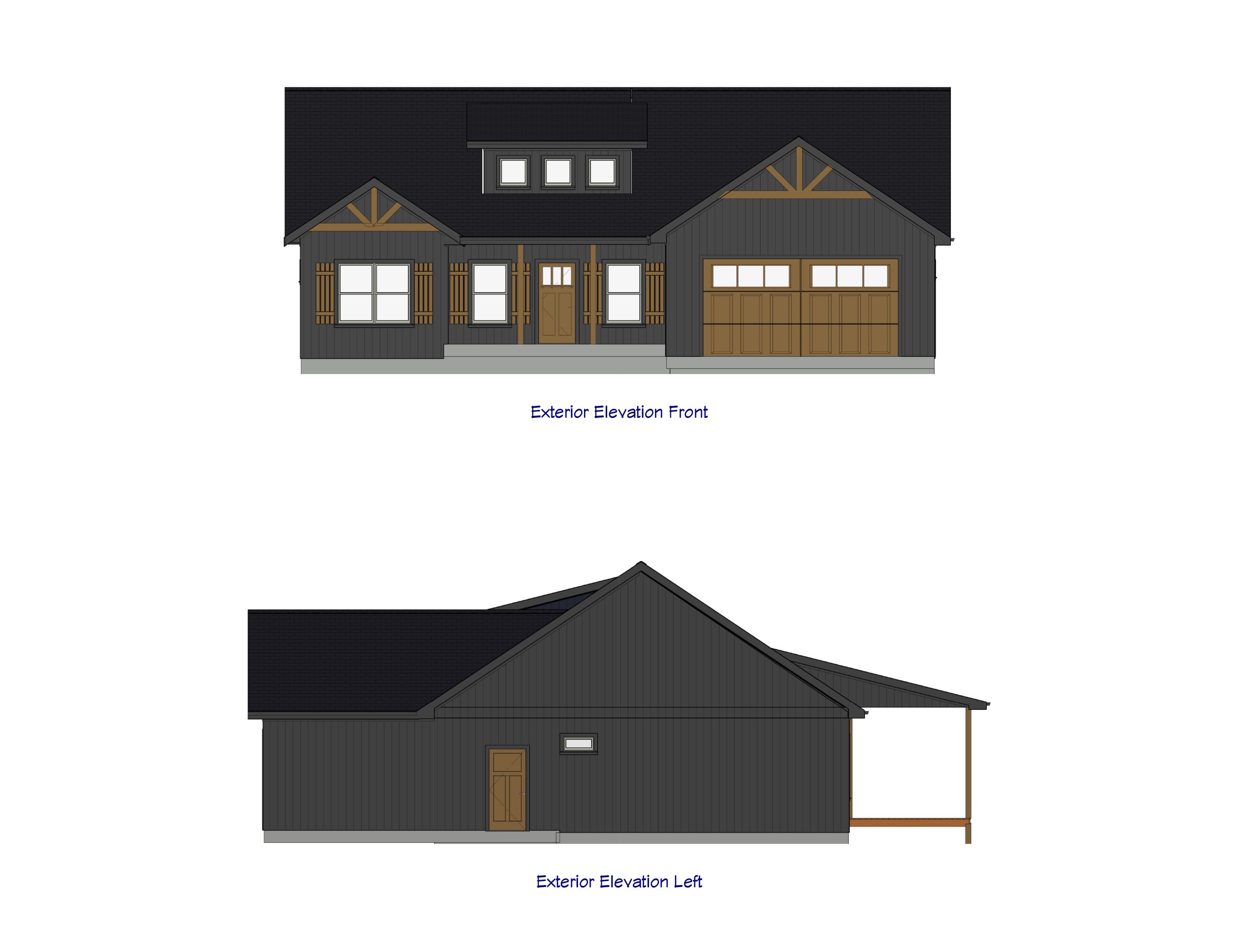 Architectural drawings of a modern two-story housefront and left side exterior elevations. The front elevation features dark vertical siding, a gabled roof, a two-car garage, front door, and windows with wooden shutters. The left side elevation shows