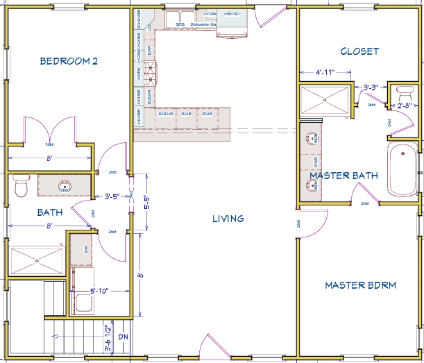 Floor plan of a residential layout including two bedrooms, two bathrooms, a living room, and a closet.