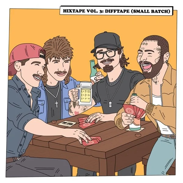Four friends sitting at a table, playing cards and smiling, with drinks and money on the table, in a cartoon-style illustration.