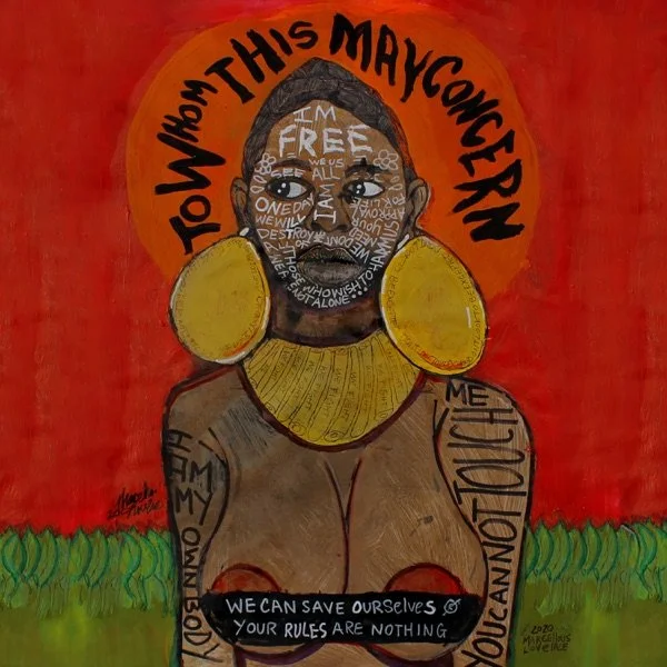A colorful illustration featuring a young black girl with large yellow earrings, a yellow collar, and text covering her face and body. The background is orange with green grass at the bottom. The girl's face has the words 'I'M FREE' prominently written, and surrounding text says 'HOW DID THIS MAYCON GERN' and 'YOU CAN NOT QUIT.' A black banner at the bottom states, 'WE CAN SAVE OURSELVES YOUR RULES ARE NOTHING.'
