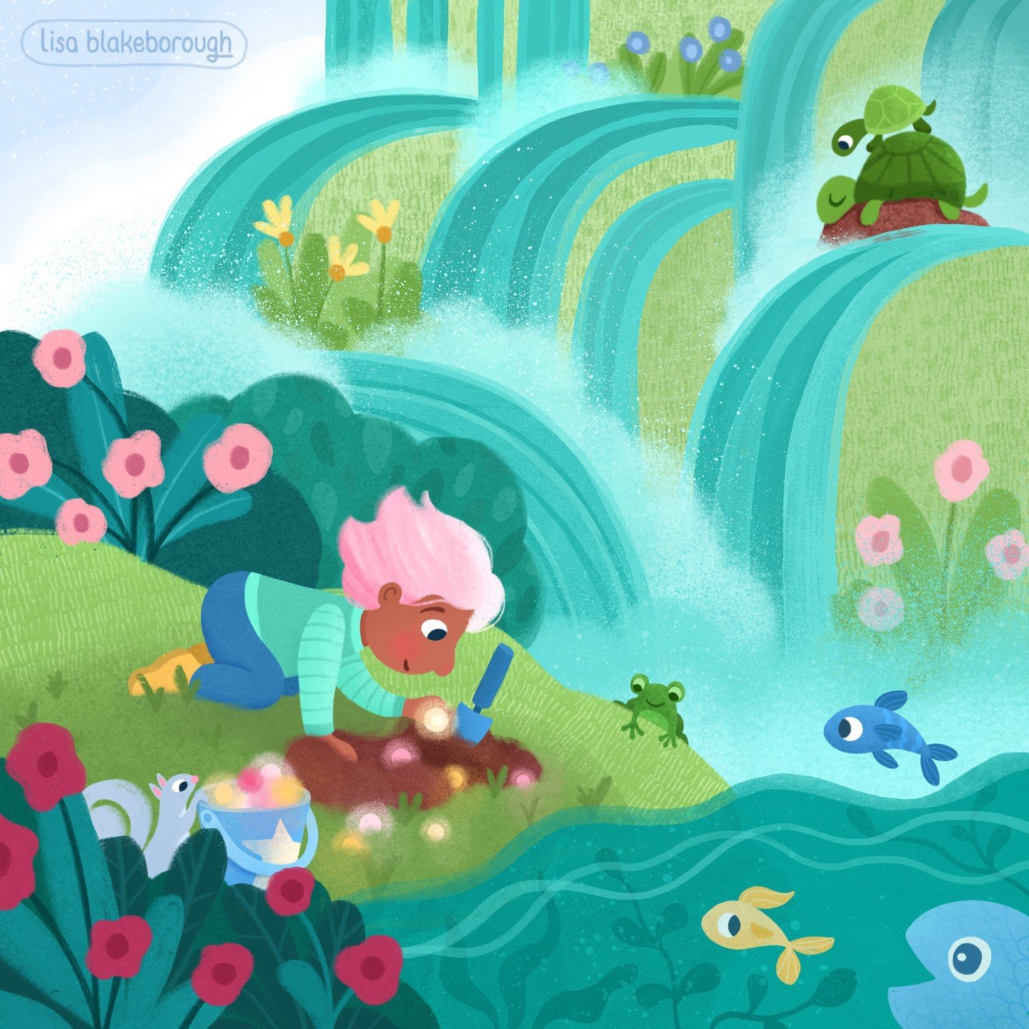 Hi! Here's my illustration for prompt #2 of #OurPlanetWeek2024: Below the water. Or in this case, below the waterfall 💦🌸

I'm really enjoying seeing everyone's beautiful water themed posts!

For this one I decided to continue the story of this Litt