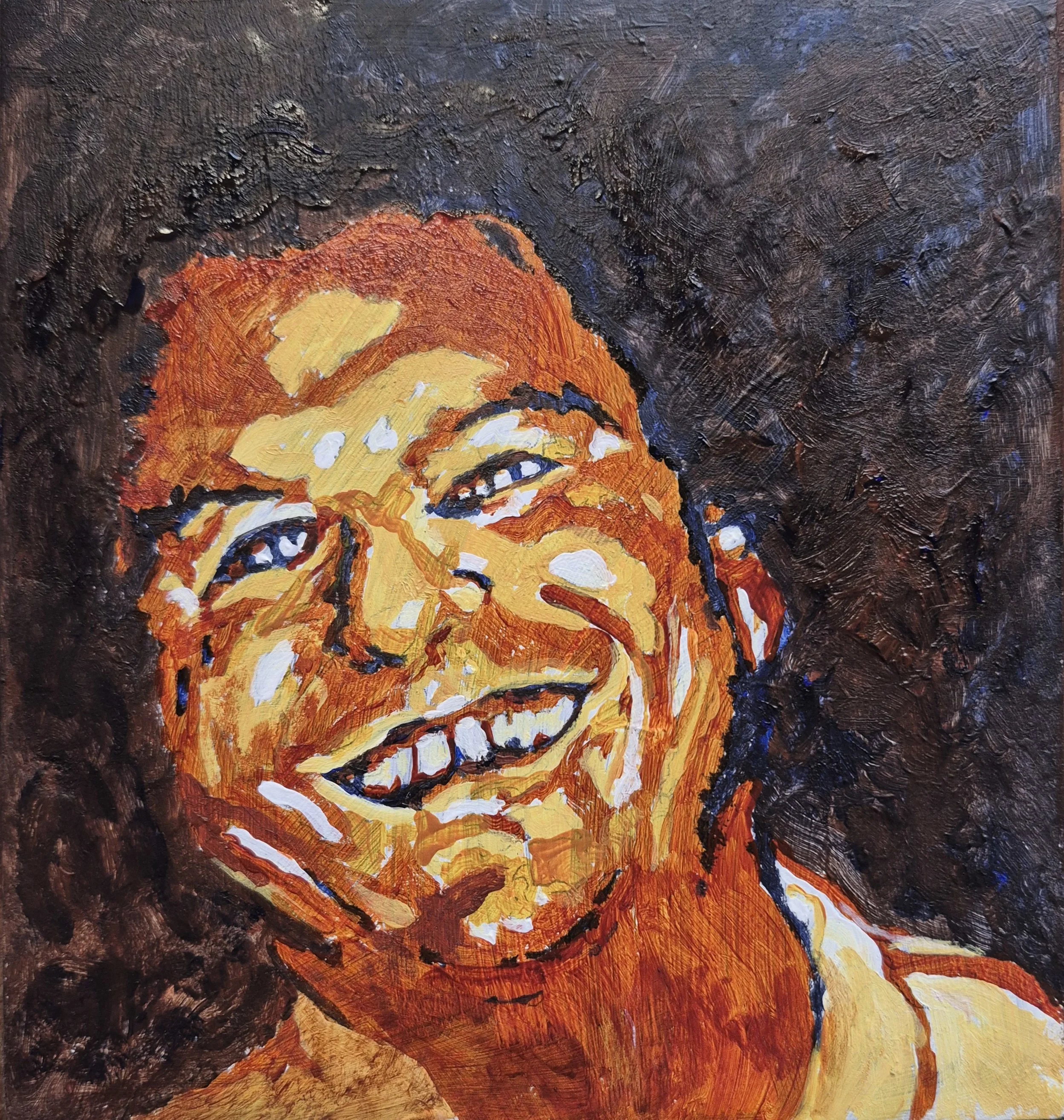 Close-up of an abstract painting of a person with glasses and curly hair, using bold brushstrokes and vibrant colors.
