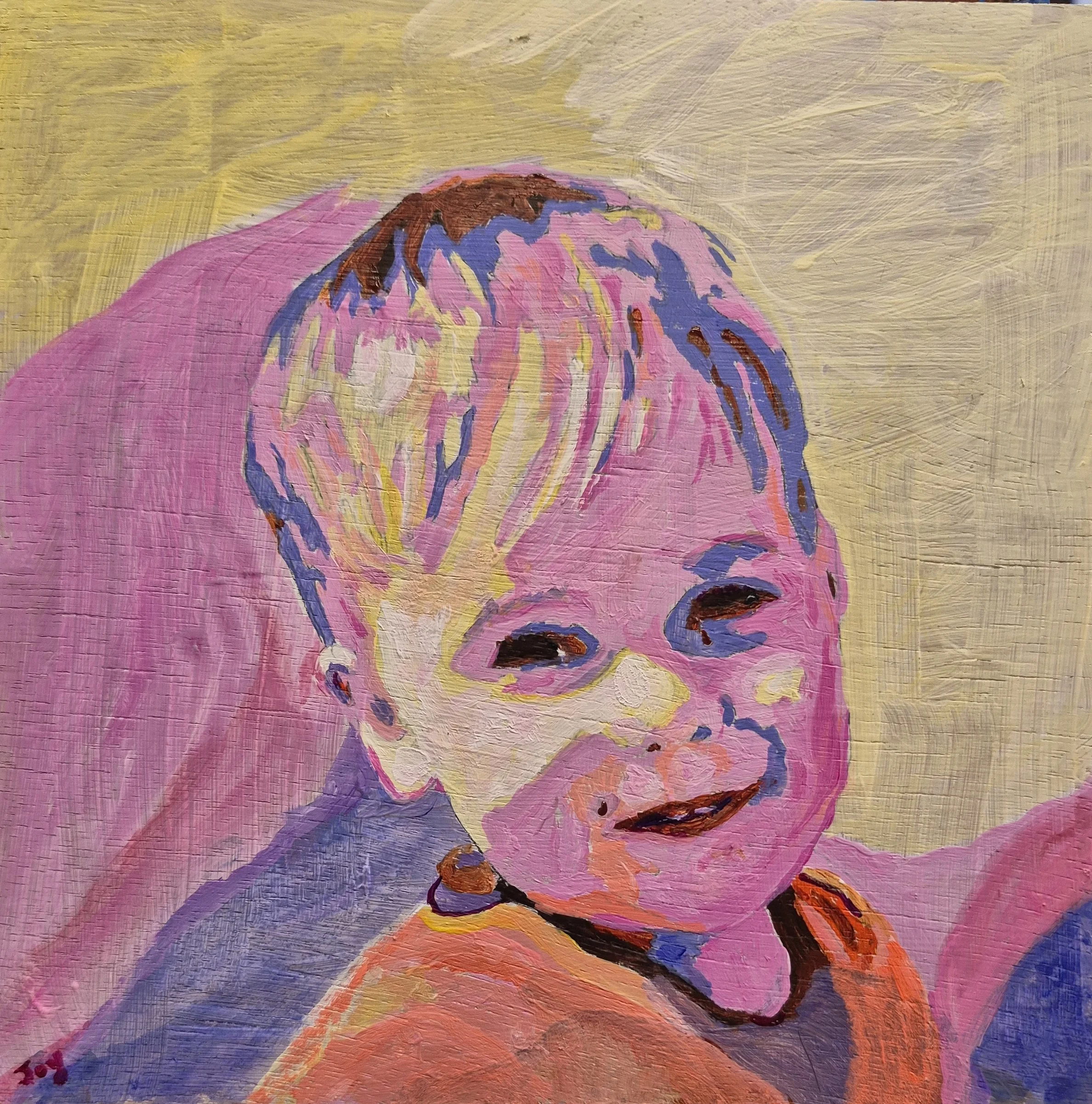 Abstract painting of a child with blonde hair, styled with purple, pink, and brown colors, set against a yellow and light purple background.