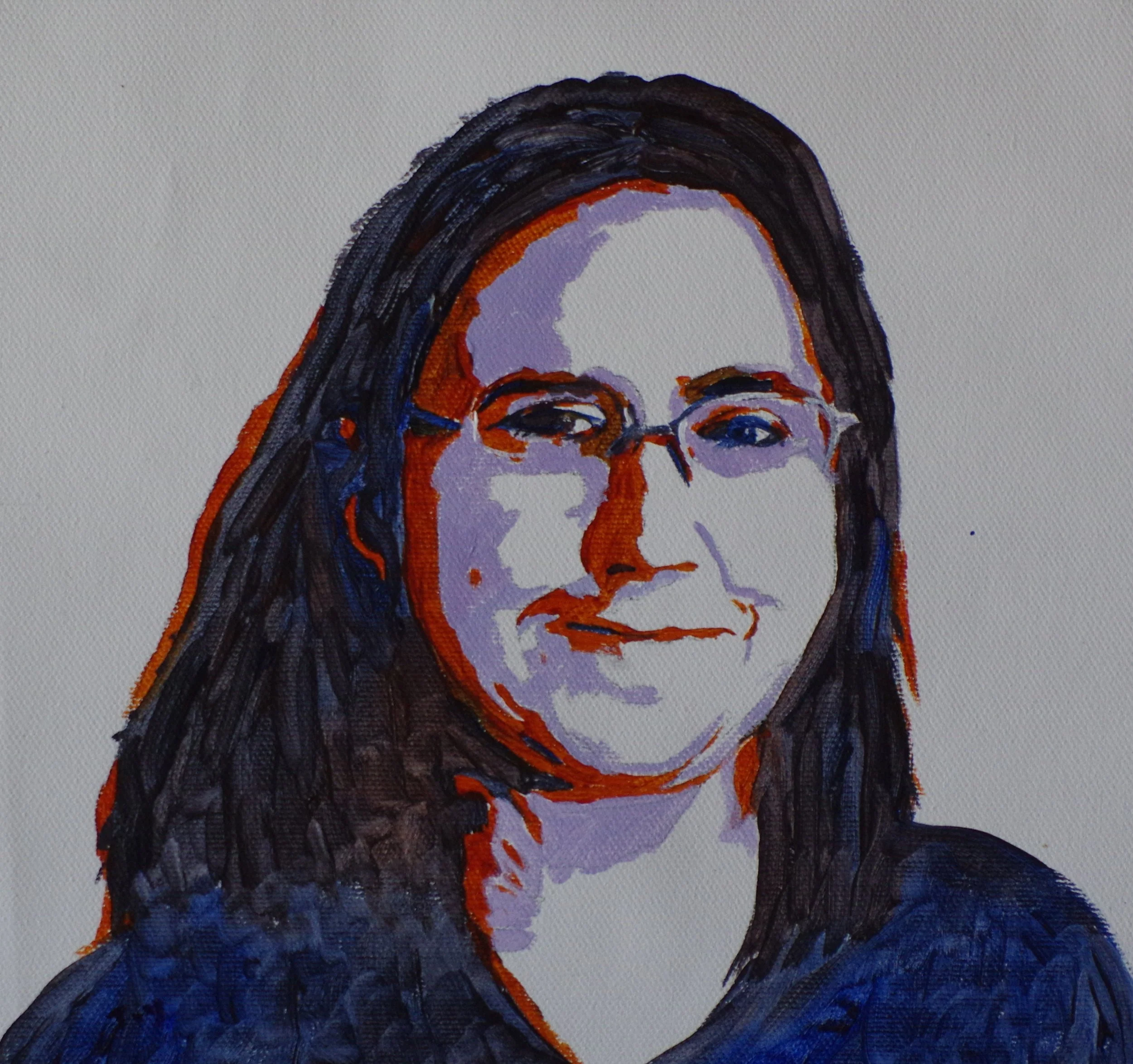 Close-up of a painting or drawing of a woman with glasses, dark hair, and red accents on the face and hair, on a textured white background.