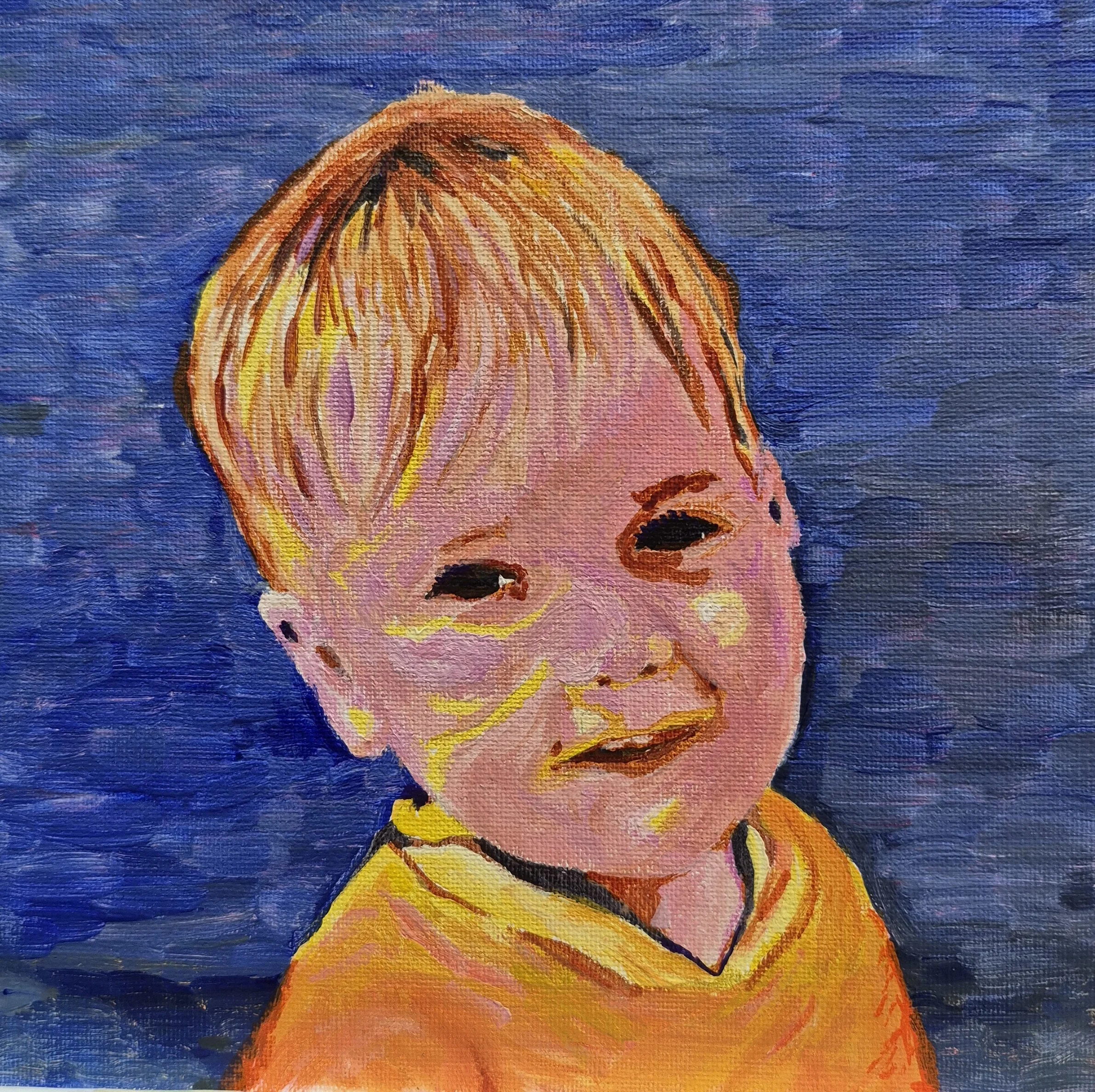 Close-up of a colorful portrait painting of a child with blonde hair wearing a yellow top, set against a blue background.