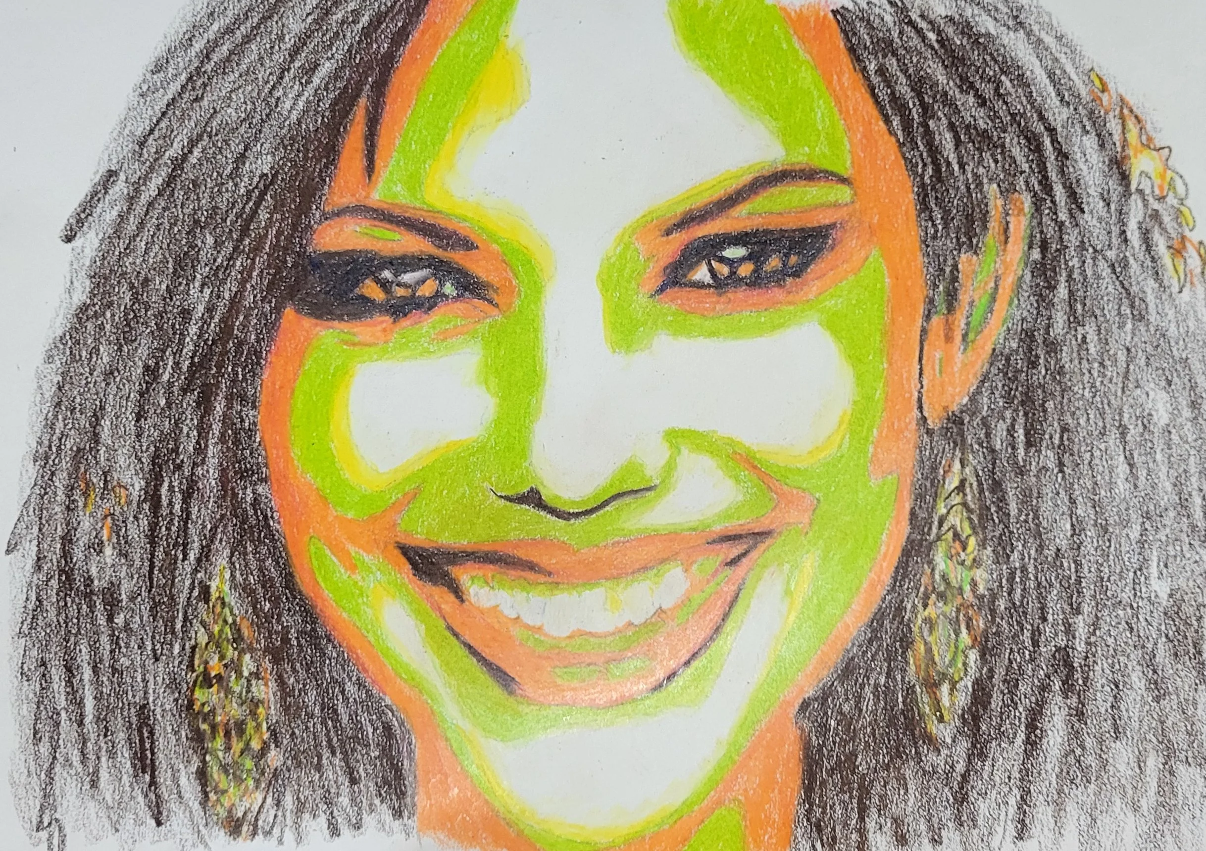 Colorful portrait of a smiling woman with long dark hair, filled with bright orange, green, yellow, and black crayon strokes.