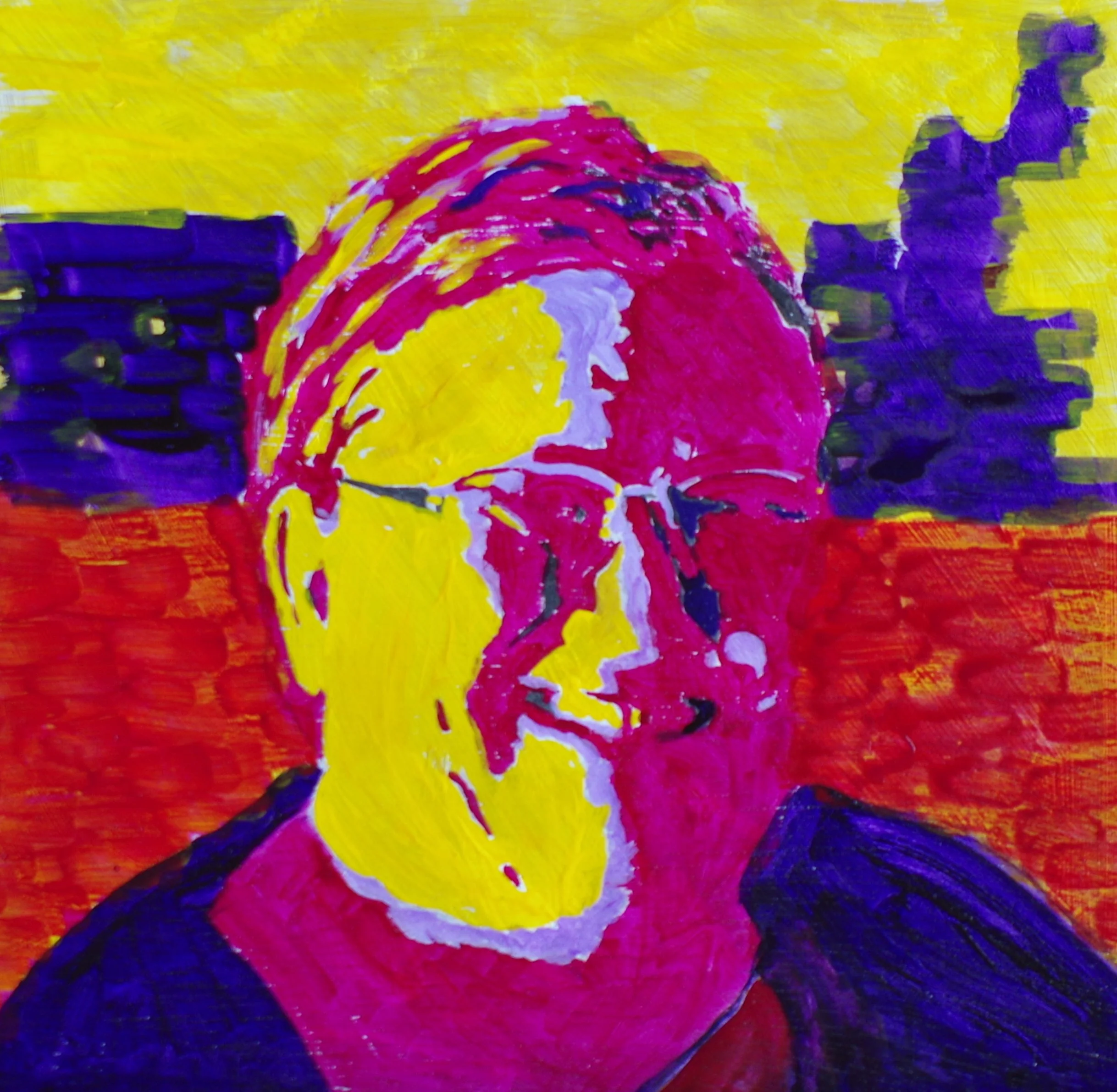 Bright, colorful abstract painting with vivid pink, yellow, purple, and orange hues, featuring bold brush strokes and layering of paint.