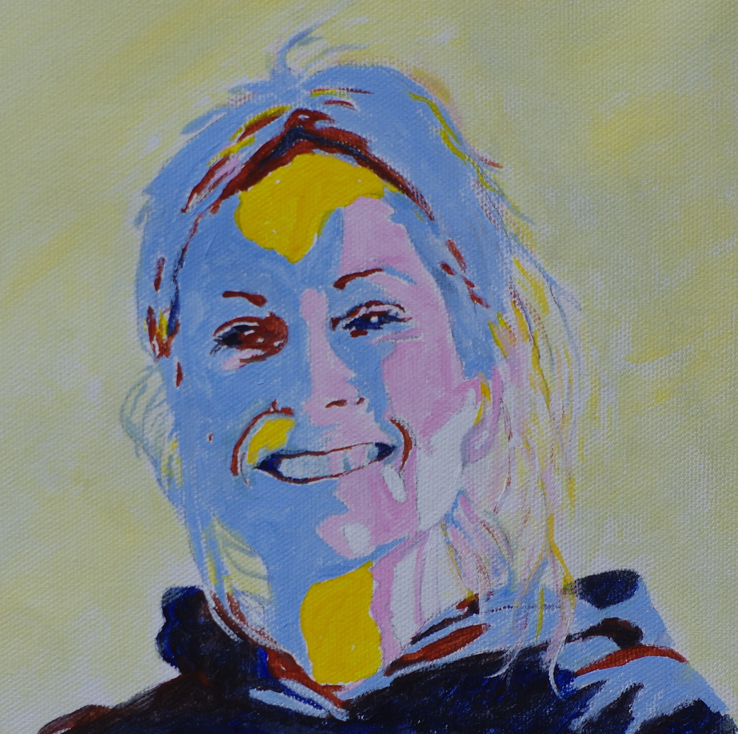 A colorful, abstract impressionist painting of a person's face with a yellow background, using bold brush strokes with shades of blue, red, pink, brown, and yellow.