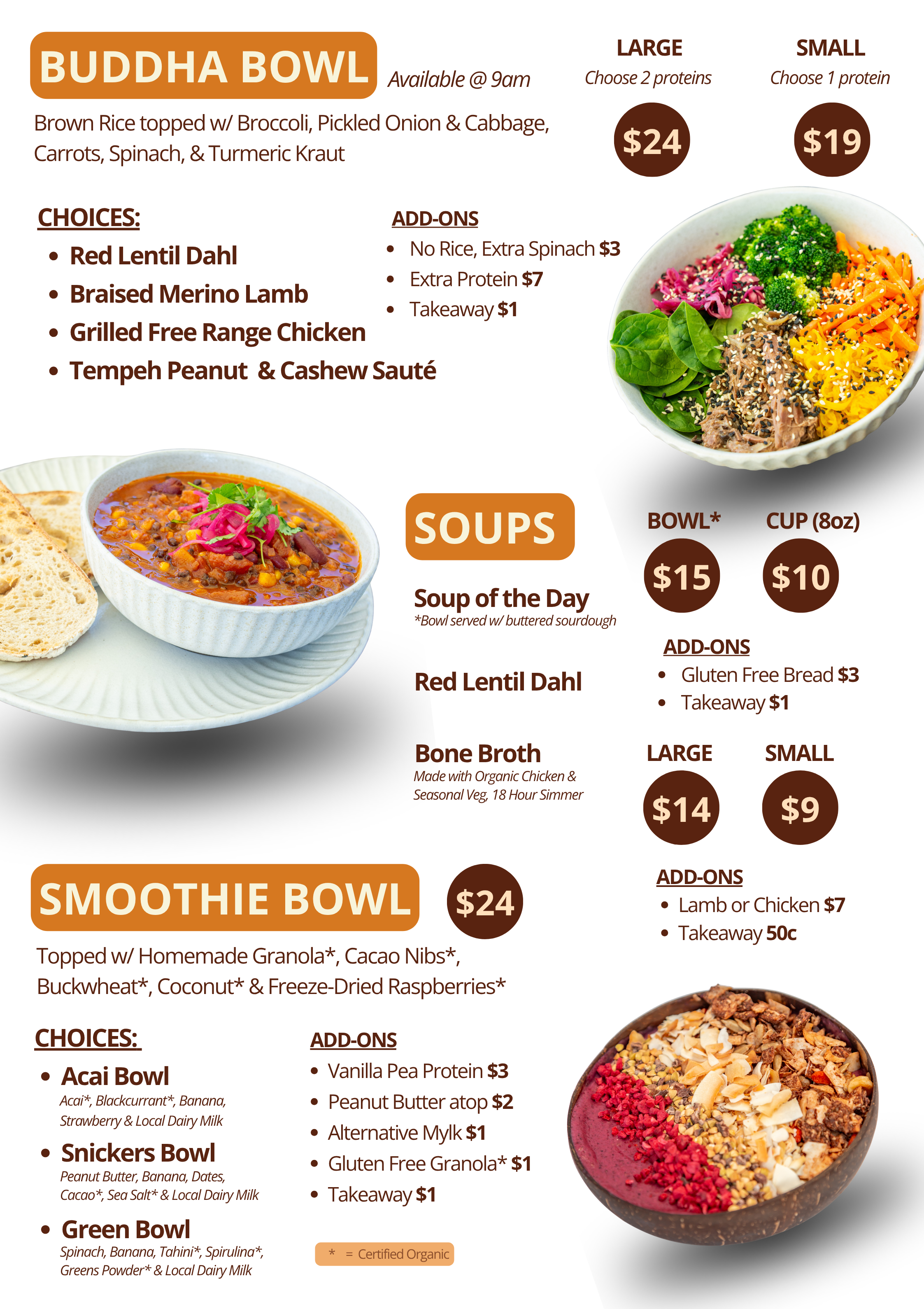 Dripping Bowl menu: Buddha bowls, smoothie bowls, soups and bone broth with ingredients and prices