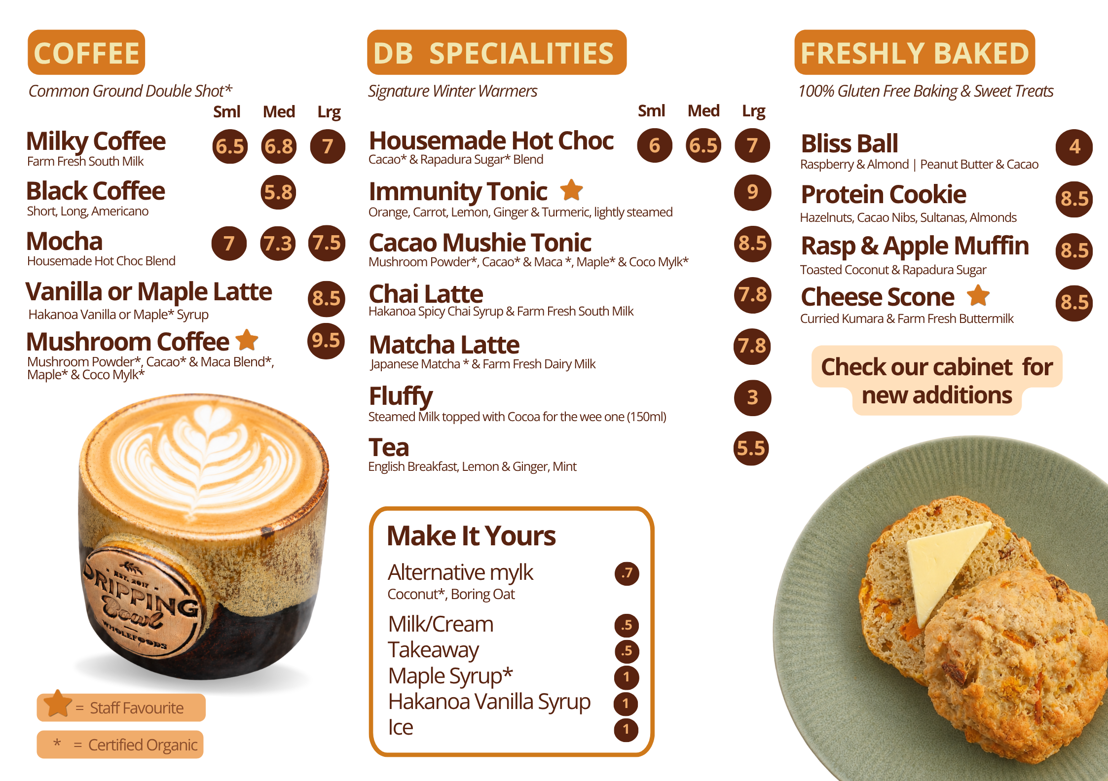 Dripping Bowl coffee, specialty drinks and freshly baked goods menu