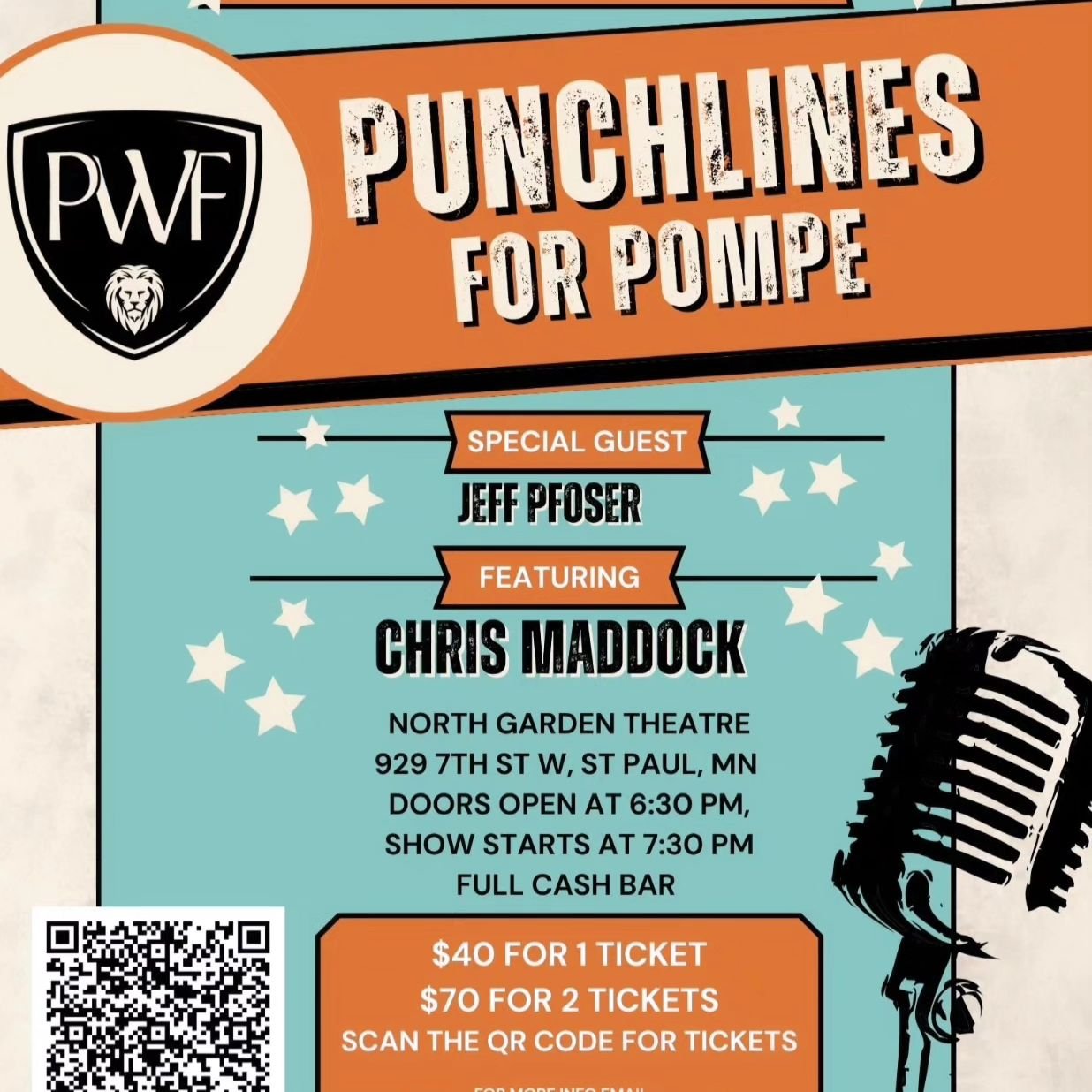 Tickets on sale now through EventBrite. You can also purchase tickets at the door. Get ready to laugh for a good cause. Link below 

https://www.eventbrite.com/e/884209312857?aff=oddtdtcreator

#pompewarrior #punchlinesforpompe #supportlocalcauses #c