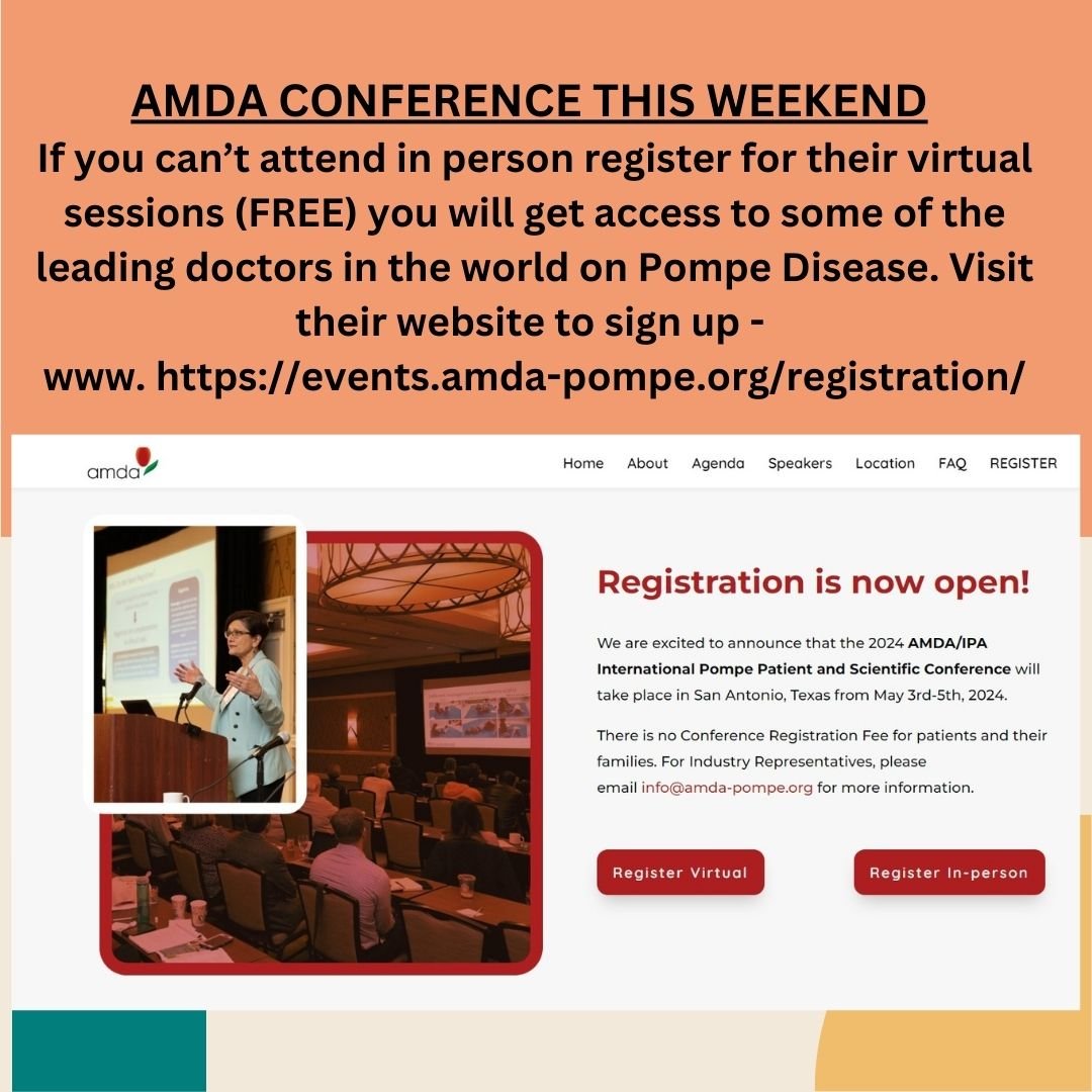 🌟 Join us at the AMDA Pompe Conference this weekend! Access leading doctors in the Pompe world from around the world and gain invaluable knowledge. Unable to attend? Sign up for free virtual sessions to stay informed. Our University of Southern Flor