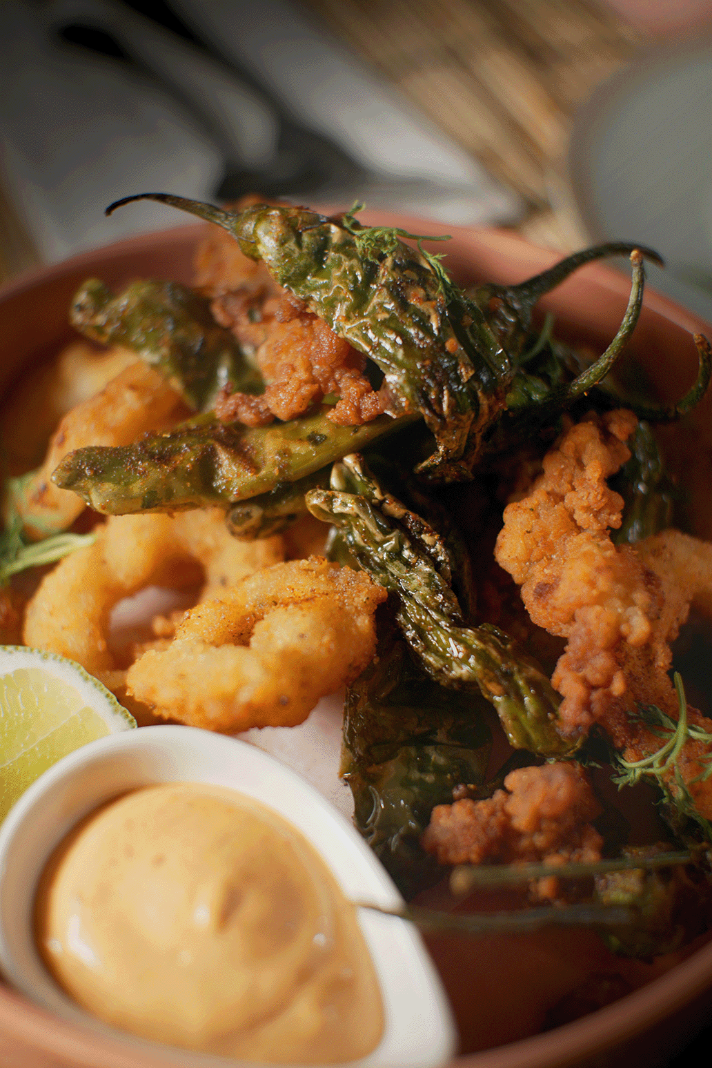 calamari appetizer shishito peppers spicy mayo