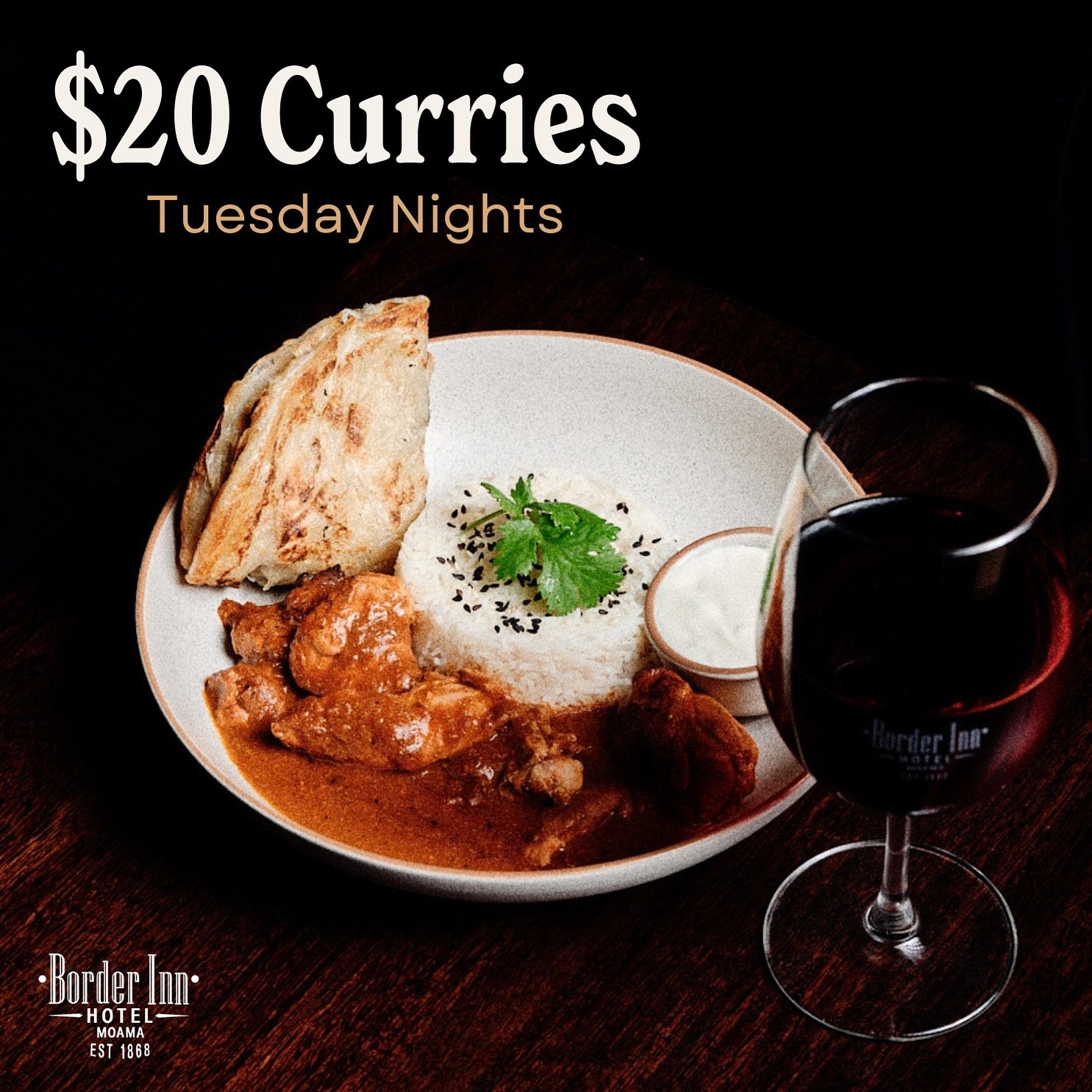 TUESDAY: $20 CURRY NIGHT AT THE BORDER INN HOTEL😋 

Leave the cooking to us! Explore our tasty curries every Tuesday, with new dishes to try every week (Always with a vegetarian option). 

See you @borderinnhotel 👌

#borderinnhotel #moama #moamansw