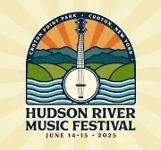 Hudson River Music Festival logo with a guitar, sunburst, mountains, rivers, and festival dates June 14-15, 2023.