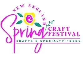 Logo for New England Spring Craft Festival, featuring a purple script 'Spring' with a yellow and pink flower and green leaves, along with text indicating crafts and specialty foods.