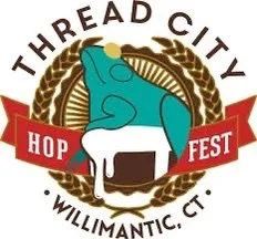 Logo for Thread City Hop Fest in Willimantic, Connecticut, featuring a blue hand holding a beer mug surrounded by a brown rope circle with the event name and location.