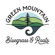 Logo with a green mountain, a pine tree, and a wave, with the text 'Green Mountain Bluegrass & Roots' surrounding the image.