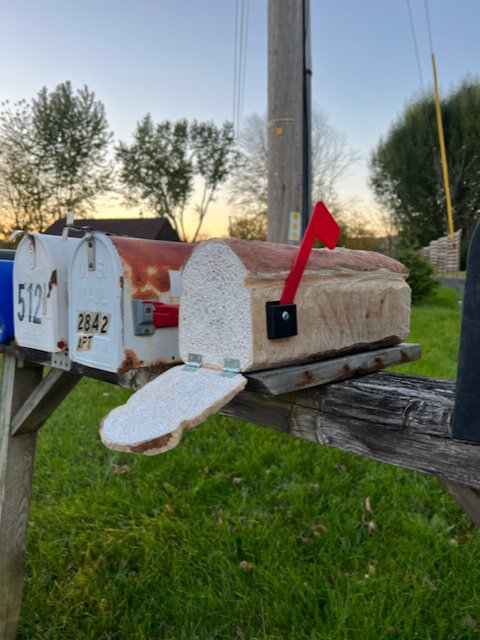 Post Loaf, 2023, maple, acrylic paint, hinges, mailbox flag, 8”H x 5.5”W x 24”D (variable)