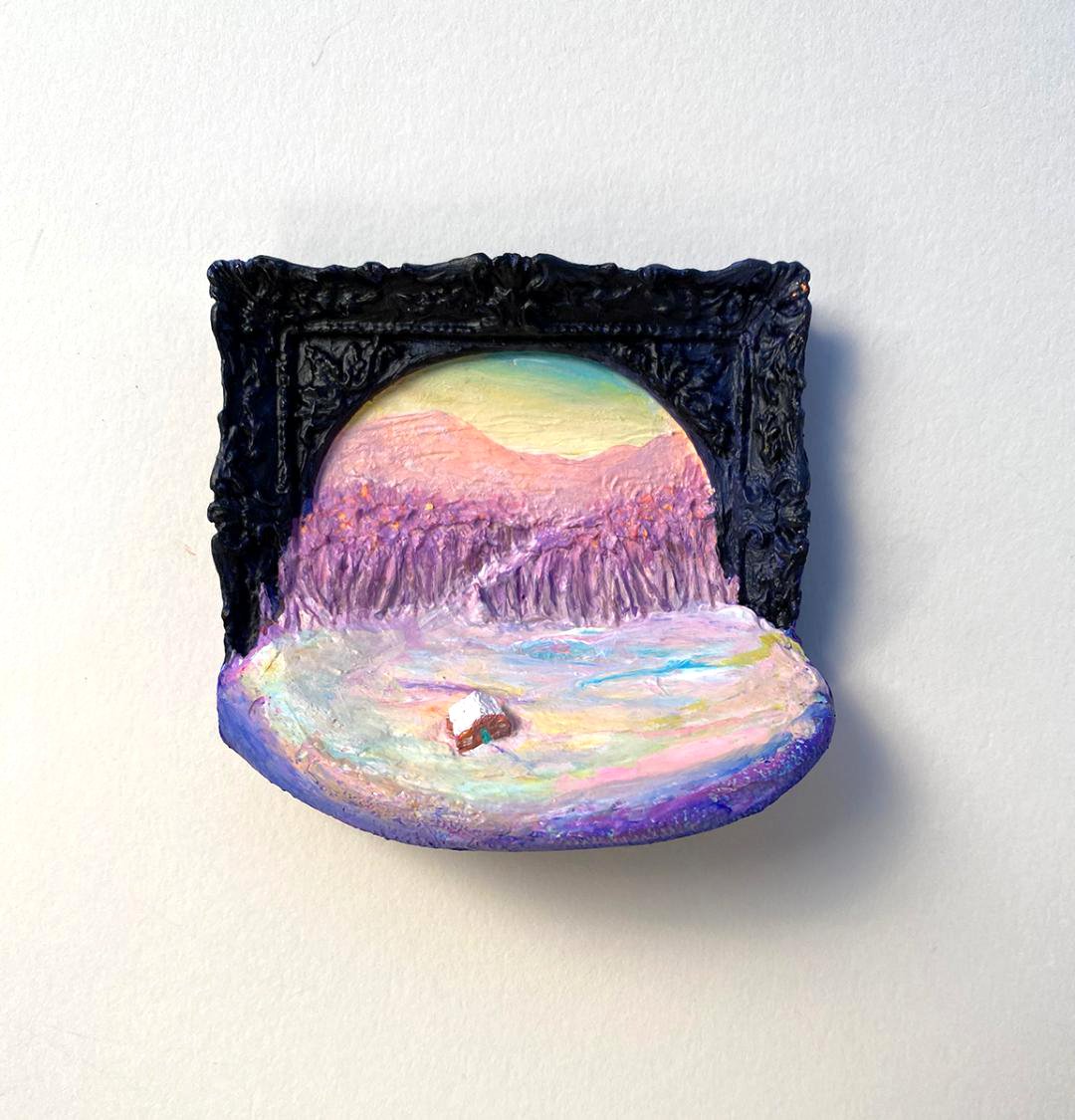 Winter Cabin at Spring, 2022. Acrylic on wood with frame. 3x3x1 inch.