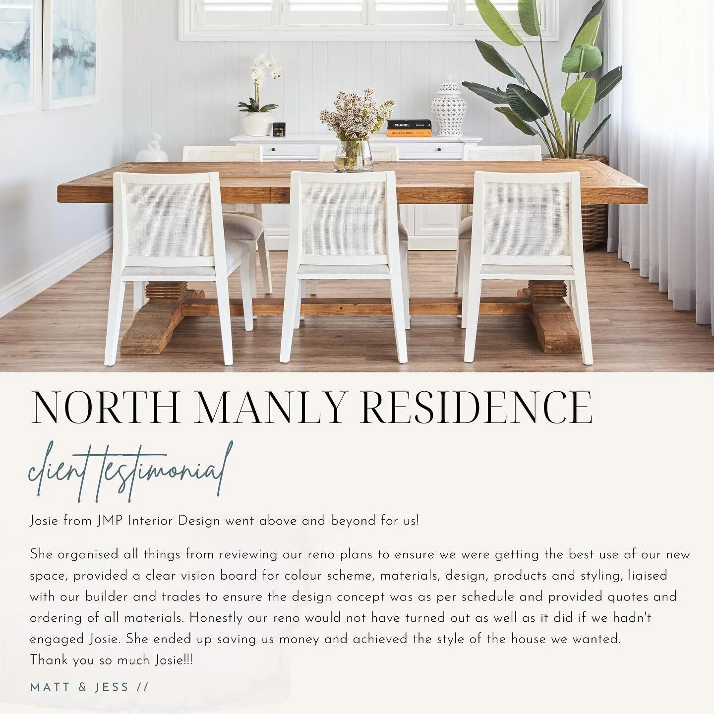 Thank you to our beautiful clients Jess and Matt for your kind words. It was such an honour to work with you both to create your dream family home 💫 

📸 @ess.creative 

#jmpinteriors #jmpid #jmp #northernbeaches #interiordesign #design #interiors #