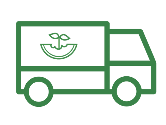 Green outline of a delivery truck with a plant inside a quarter circle on the side.
