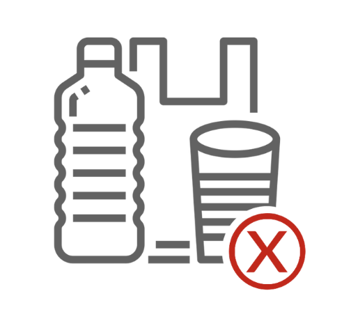 Outline of a plastic water bottle and a glass with a red 'X' symbol indicating rejection or prohibition.