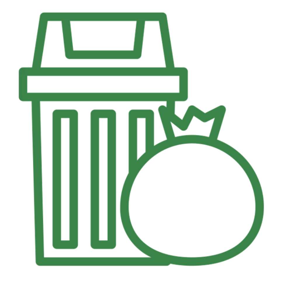 Outline of a trash can with a recycling symbol and a round object, possibly a bag of trash, next to it.