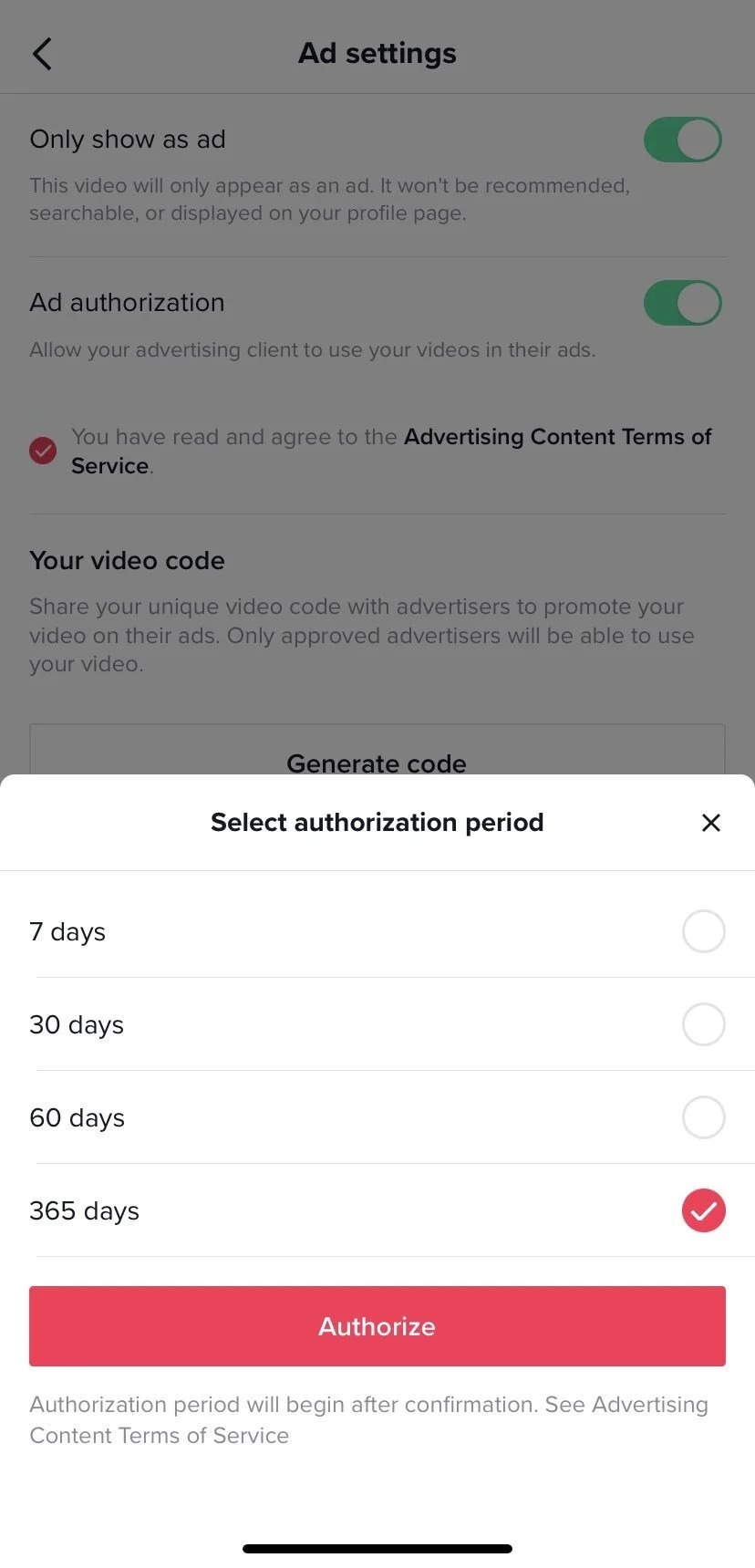 TikTok ad authorization settings
