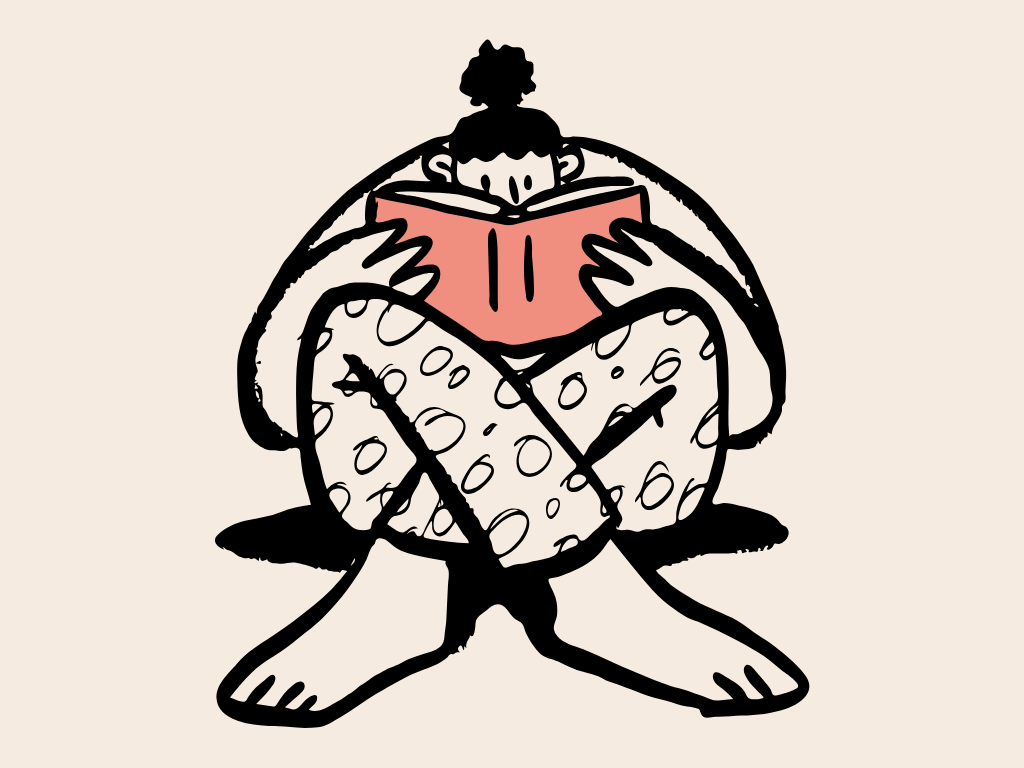 Person sitting cross-legged, reading a red book, with a turtle sitting underneath them, with its head and limbs visible, in a simple illustrated style.