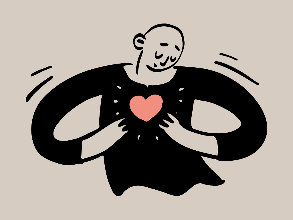 A person with a happy expression, holding a pink heart close to their chest with both hands, and showing a warm gesture.