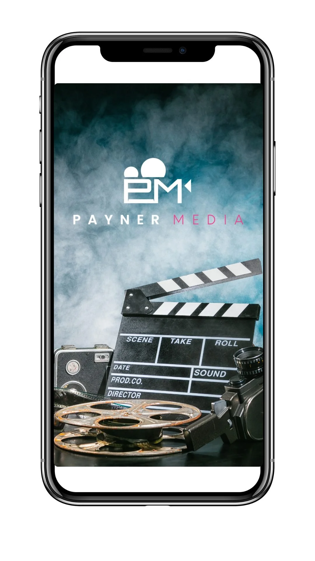 A smartphone displaying the Payner Media logo, with a film clapboard, vintage camera, and film reels in the background.