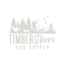Timber Shore Dog Supply logo featuring a hunter with a dog in a forest setting.