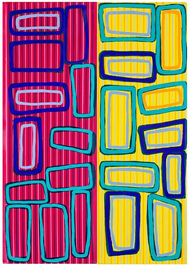 Kumanjayi (Walala) Tjapaltjarri & Michael Eather, 'Turbo Tokyo Tingari' (diptych), 2024 acrylic on canvas 150x100cm
Finalist in the Sunshine Coast Art Prize 2025
