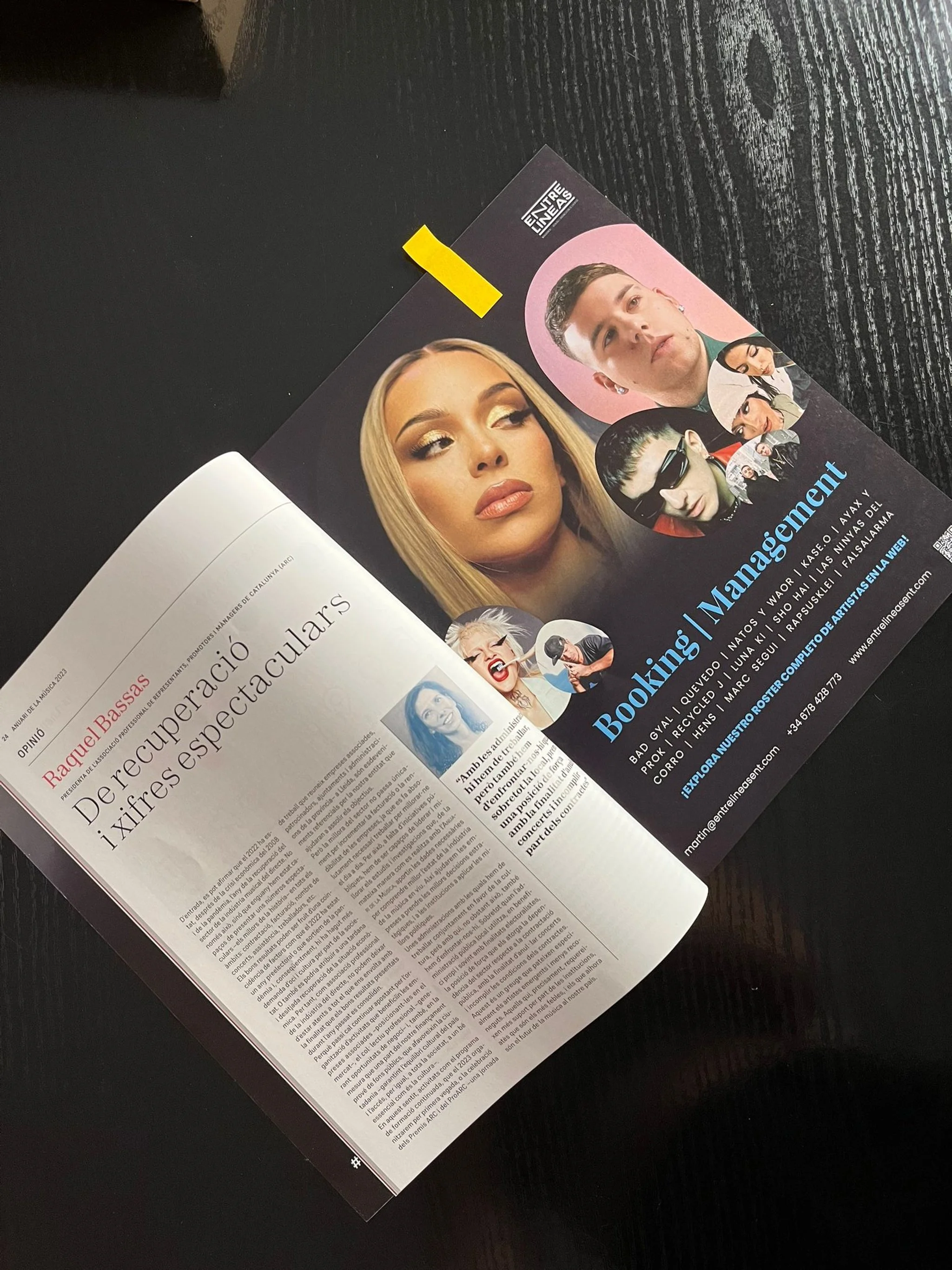 Ad for Entrelineas Entertainment in "Anuari de la Musica (ARC)" Magazine